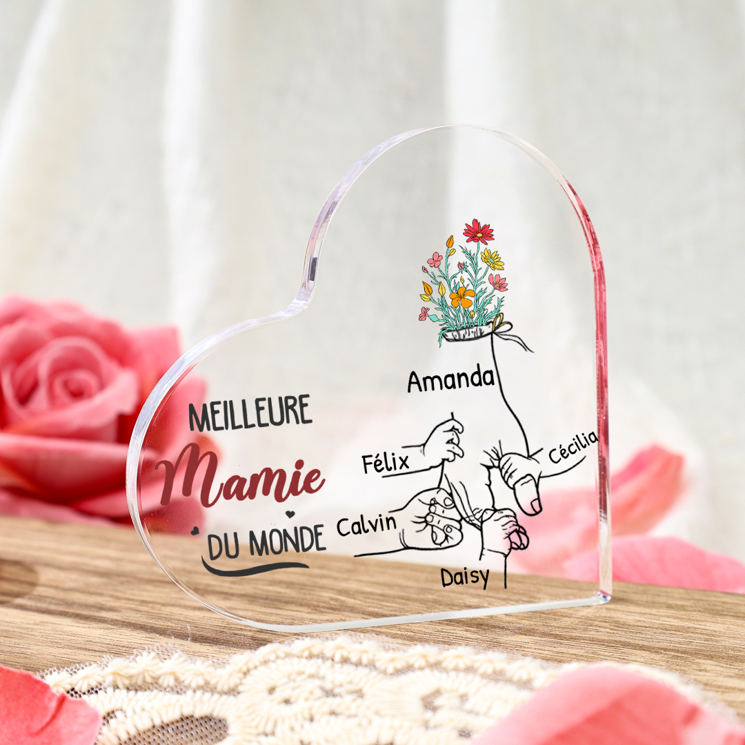 Plaque Acrylique en Forme de Cœur 2-7 Prénoms Personnalisés pour Mamie