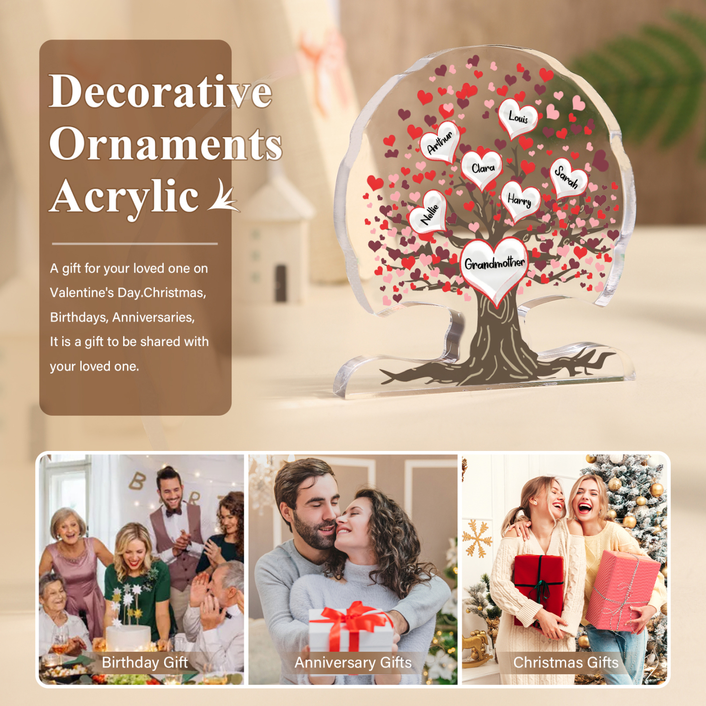 Plaque Acrylique en Forme d'Arbre de Vie 3-7 Prénoms et Coeurs Personnalisés pour Famille | Jessemade