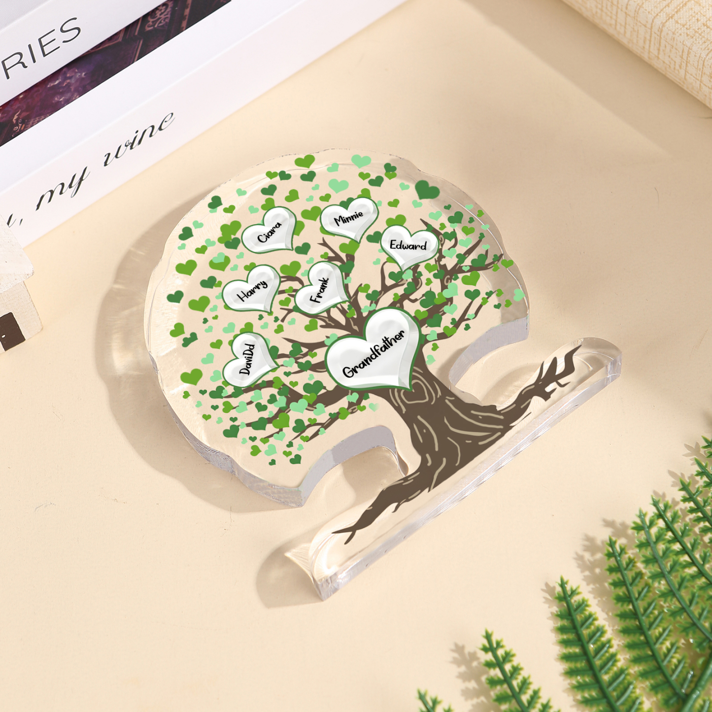 Plaque Acrylique en Forme d'Arbre de Vie Vert 3-7 Prénoms et Coeurs Personnalisés pour Famille | Jessemade