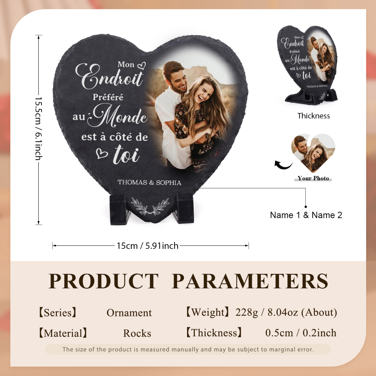 Plaque en ardoise Cœur 2 Prénoms et Photo Personnalisé pour Couple | Jessemade
