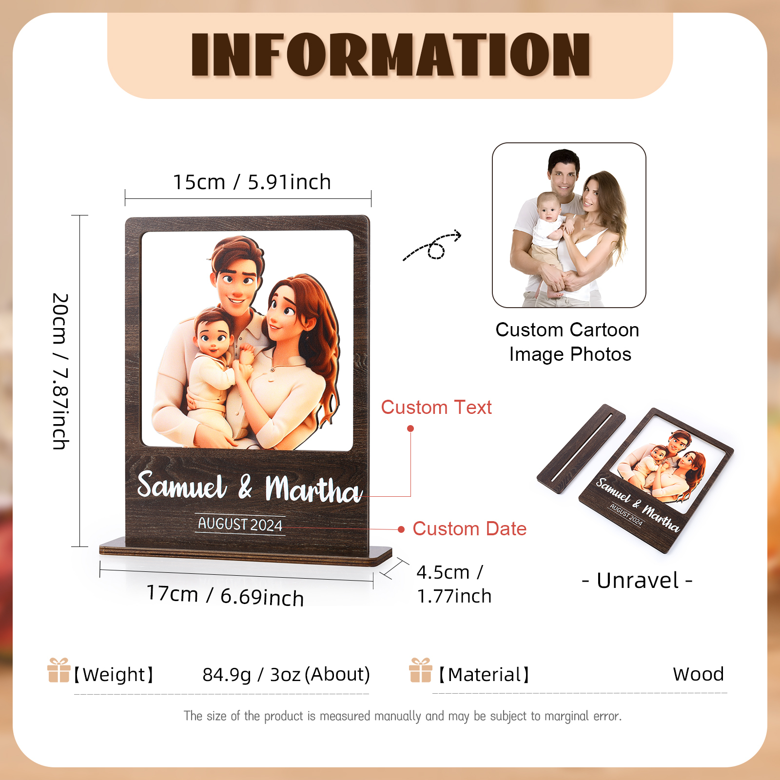 Cadre Photo 3D Personnalisé en Bois avec Texte Date et Photo Déco de Maison pour Famille | Jessemade