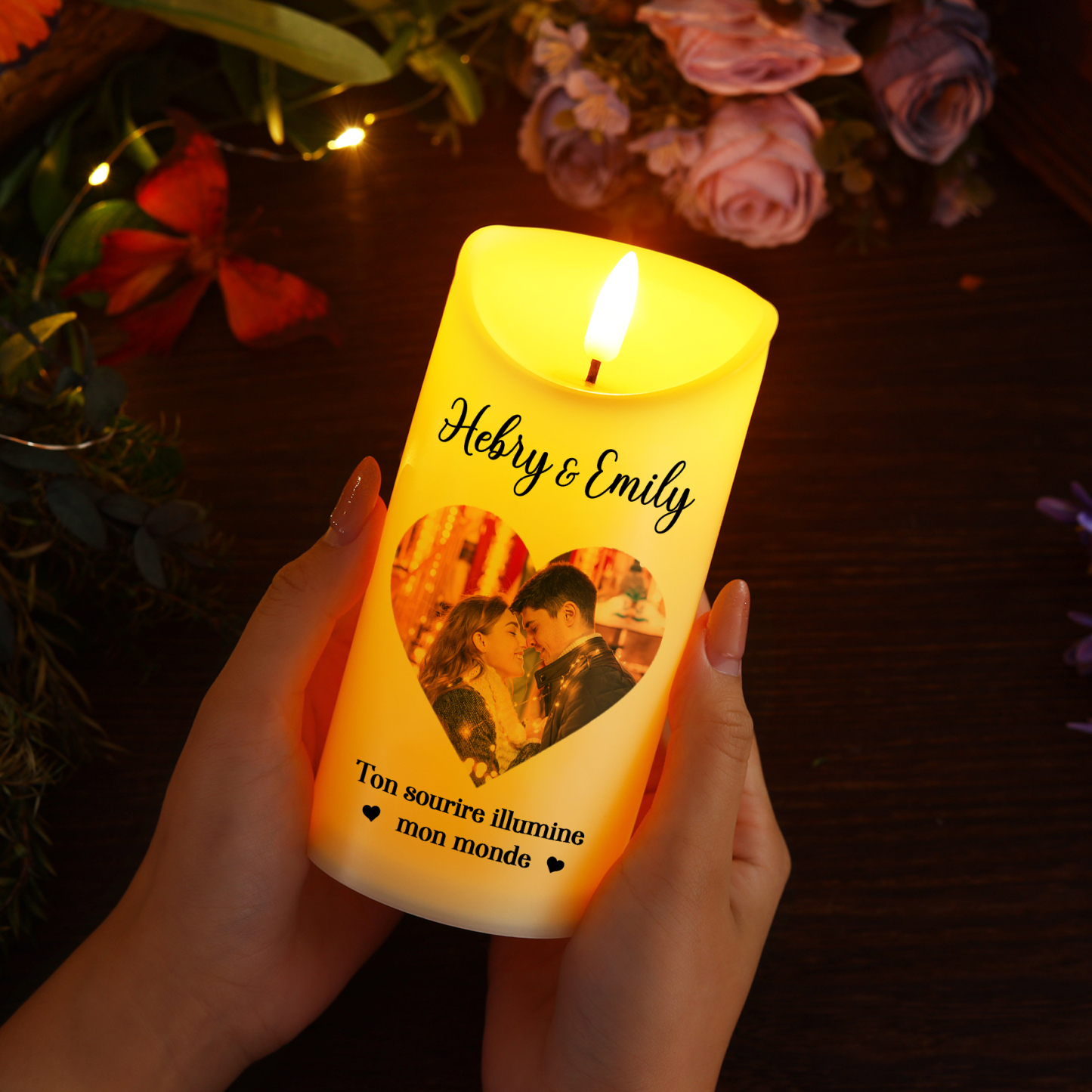 Bougie Électronique Personnalisée avec Photo et 2 Prénoms Bougie LED Cadeau Coffret pour Couple | Jessemade