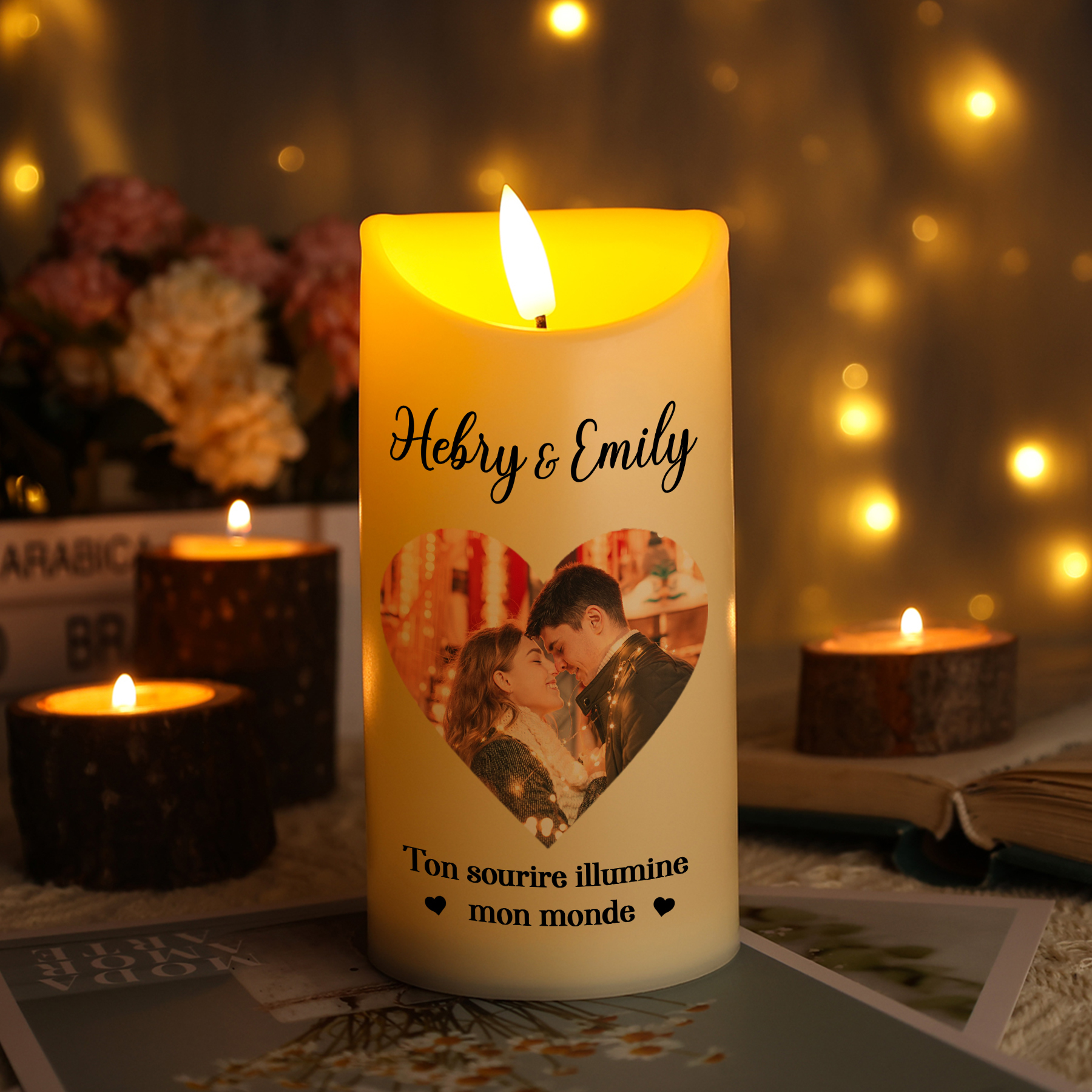 Bougie Électronique Personnalisée avec Photo et 2 Prénoms Bougie LED Cadeau Coffret pour Couple | Jessemade