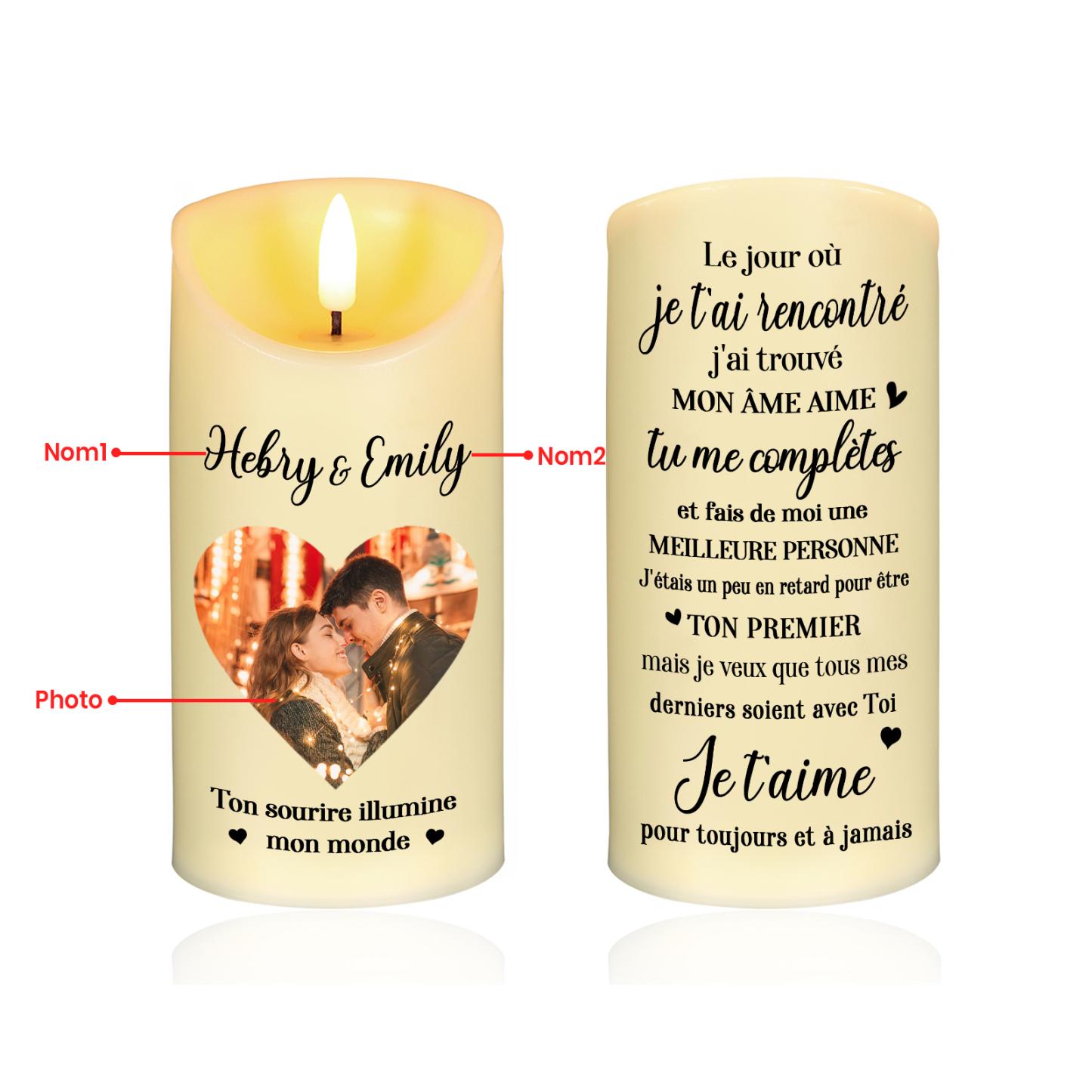 Bougie Électronique Personnalisée avec Photo et 2 Prénoms Bougie LED Cadeau Coffret pour Couple | Jessemade