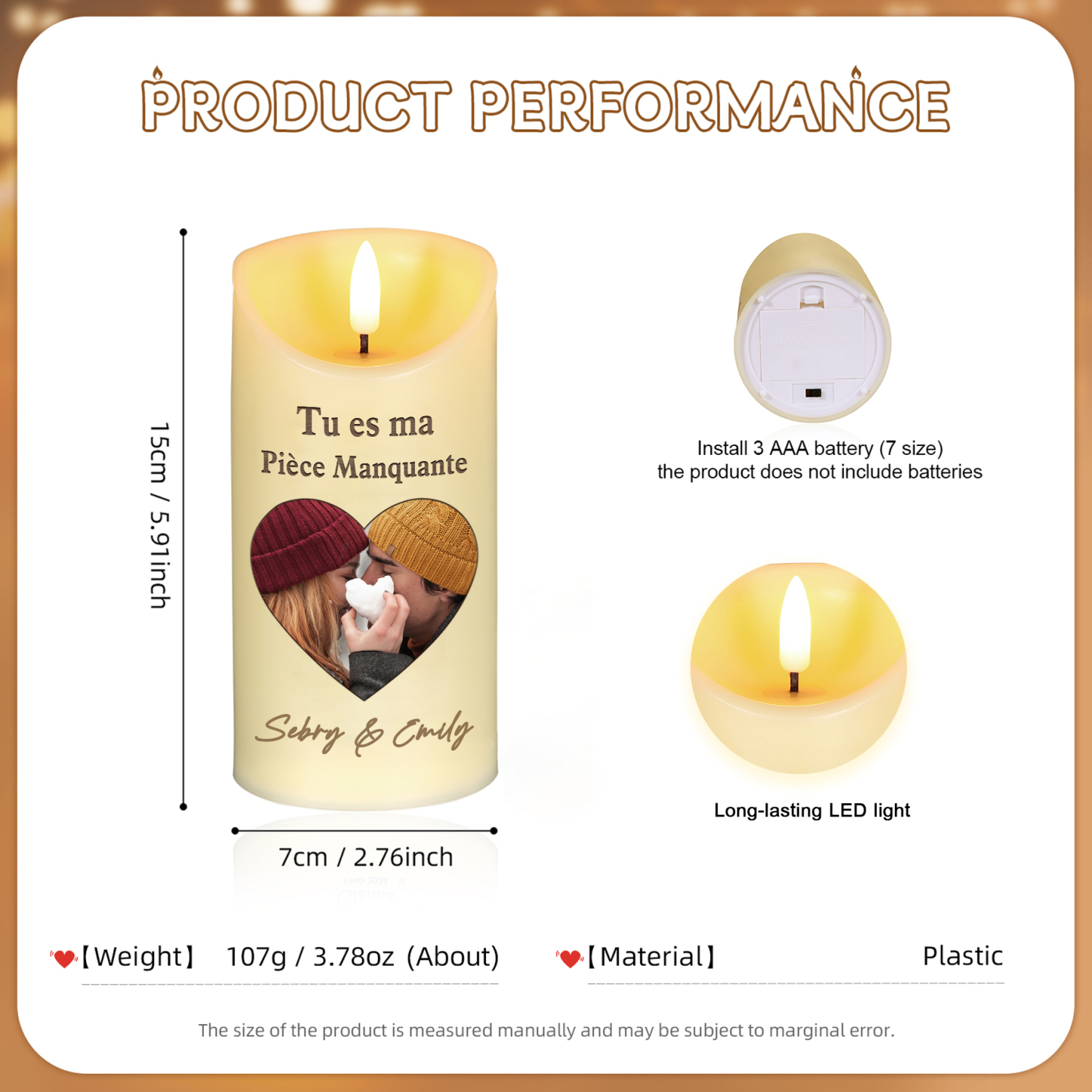 Bougie Électronique 2 Prénoms Personnalisés avec 1 Photo Bougie LED Cadeau Coffret pour Couple | Jessemade