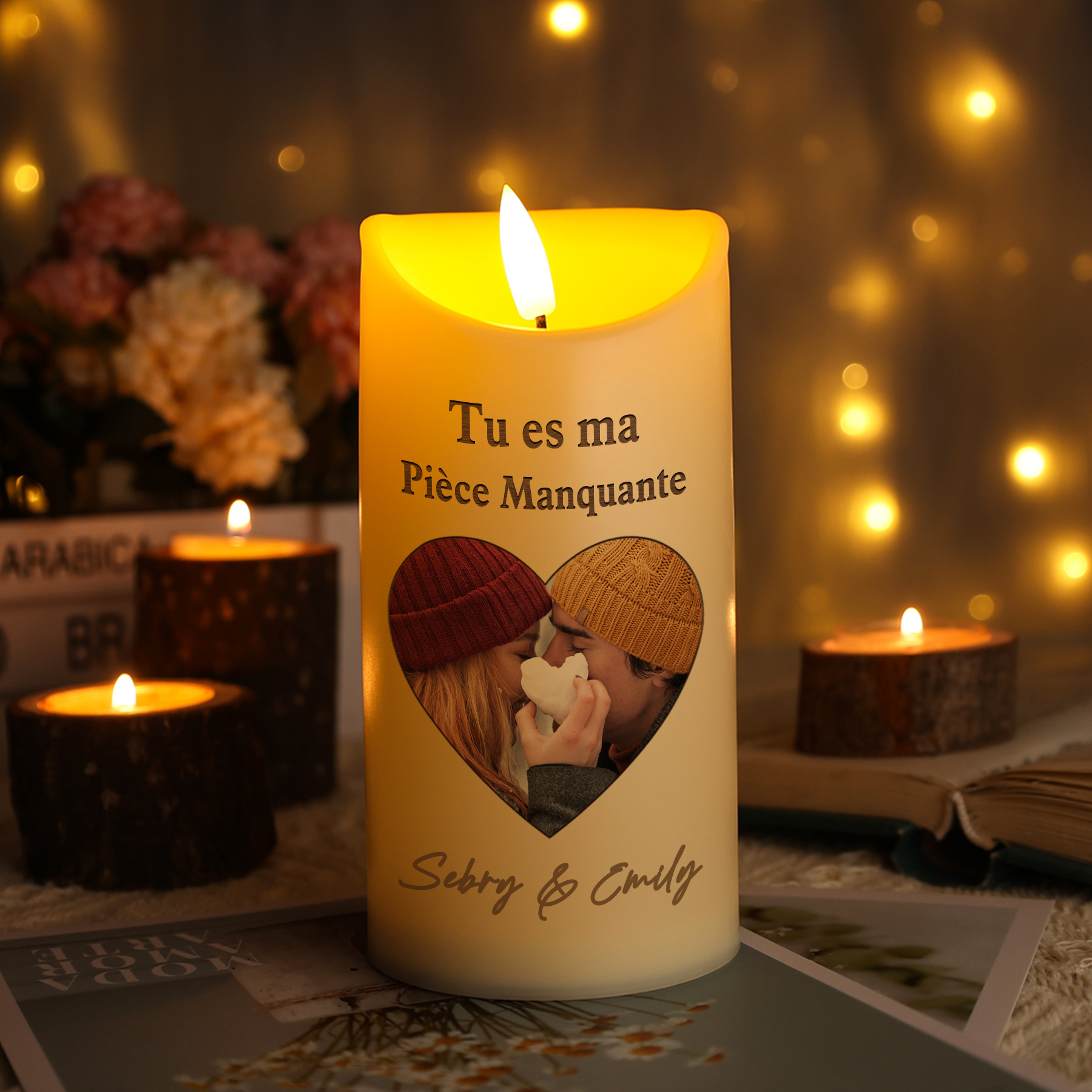 Bougie Électronique 2 Prénoms Personnalisés avec 1 Photo Bougie LED Cadeau Coffret pour Couple | Jessemade