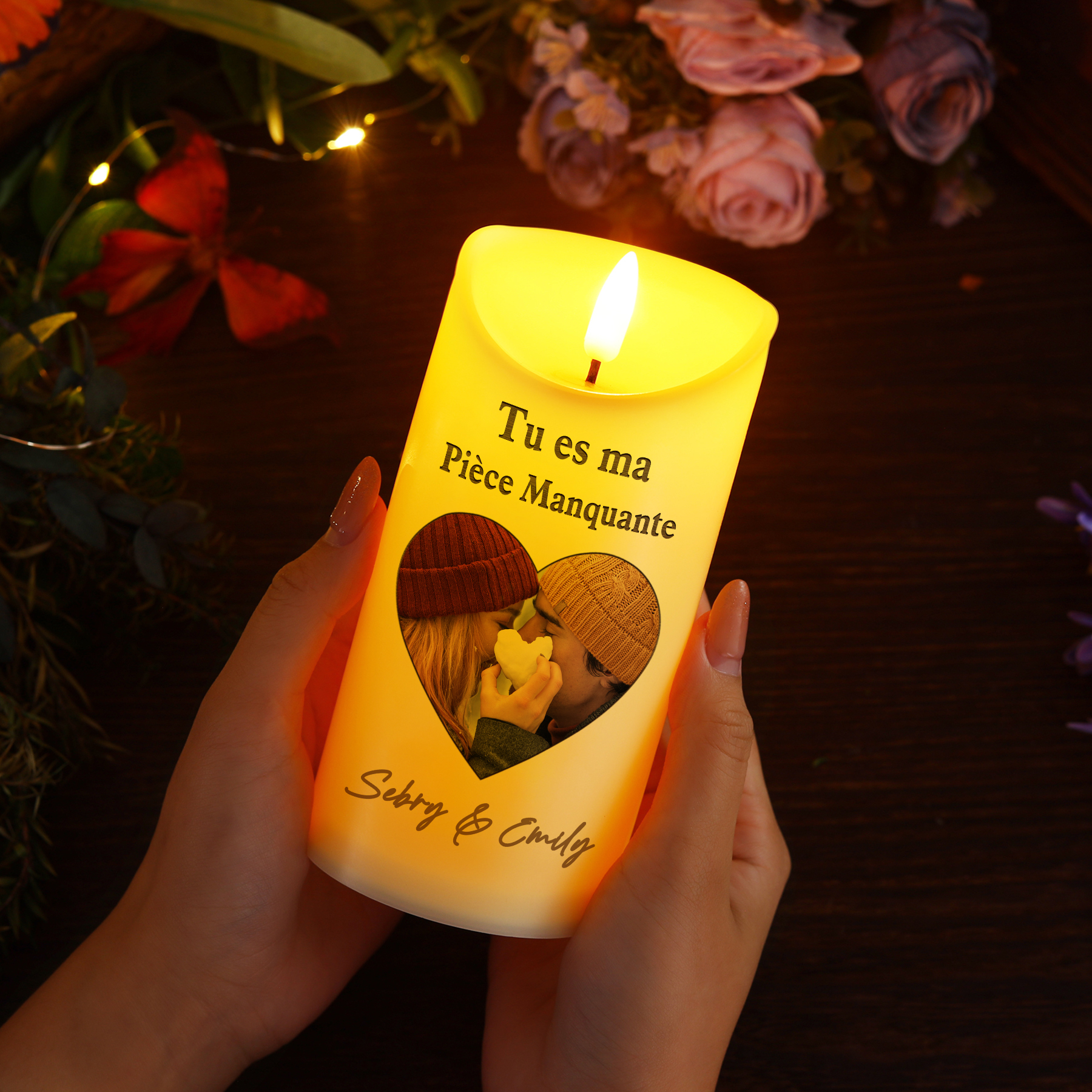 Bougie Électronique 2 Prénoms Personnalisés avec 1 Photo Bougie LED Cadeau Coffret pour Couple | Jessemade