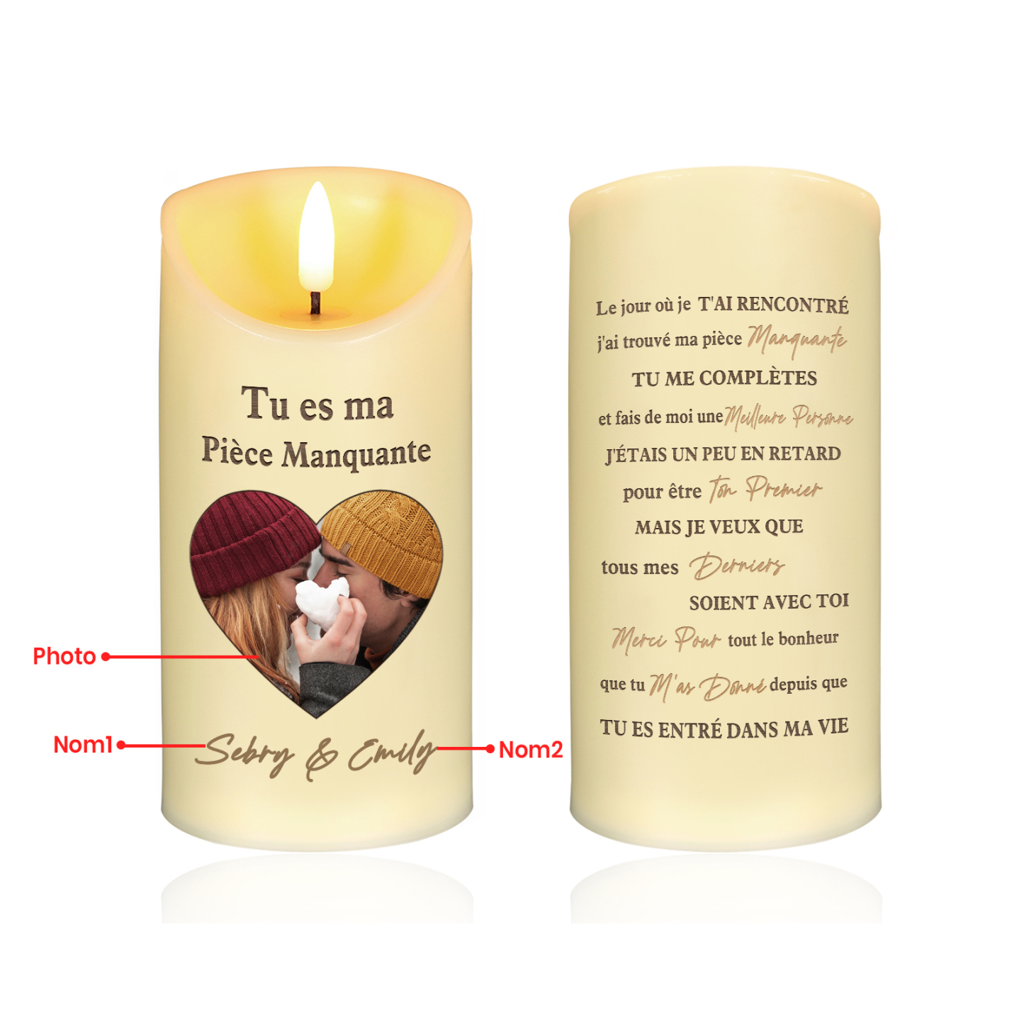 Bougie Électronique 2 Prénoms Personnalisés avec 1 Photo Bougie LED Cadeau Coffret pour Couple | Jessemade