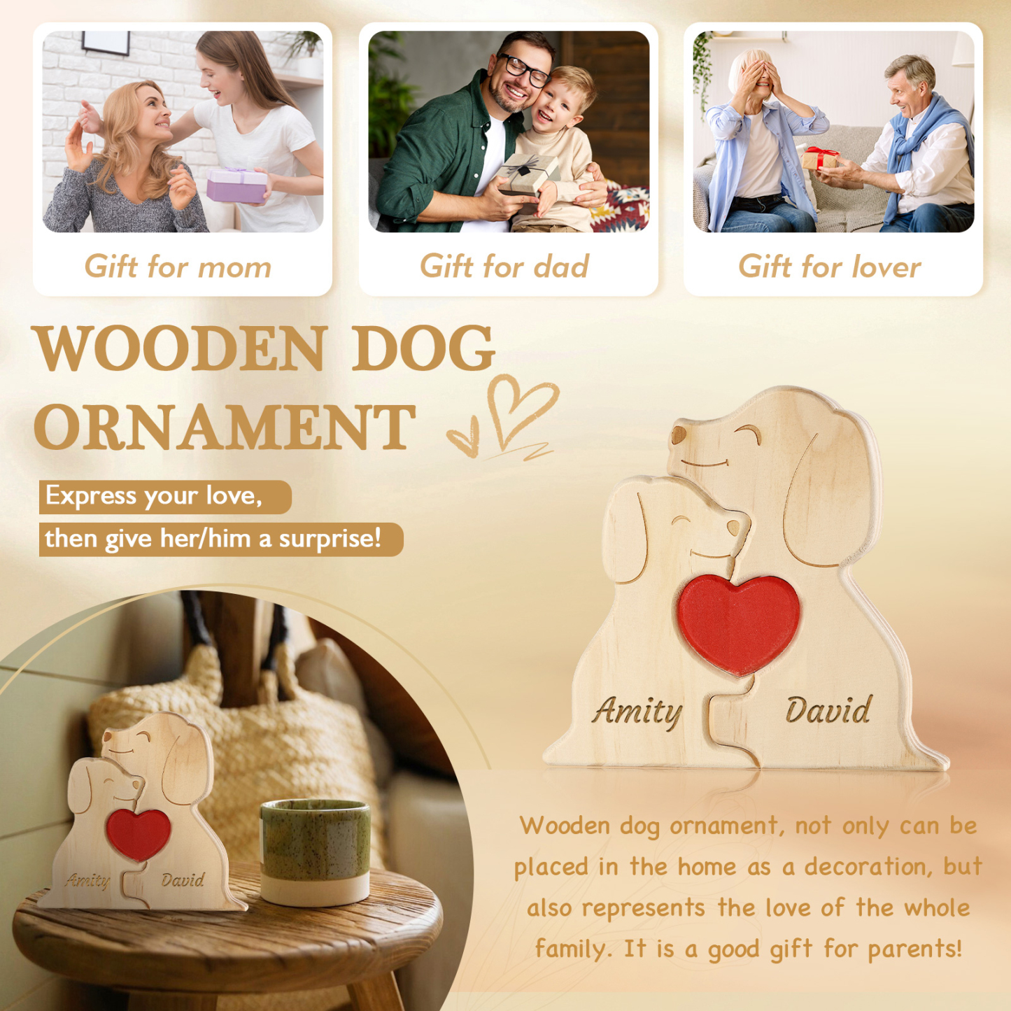 Plaque en bois Personnalisé avec 2 Prénoms et 2 Chiens Cadeau Décoration pour Famille | Jessemade