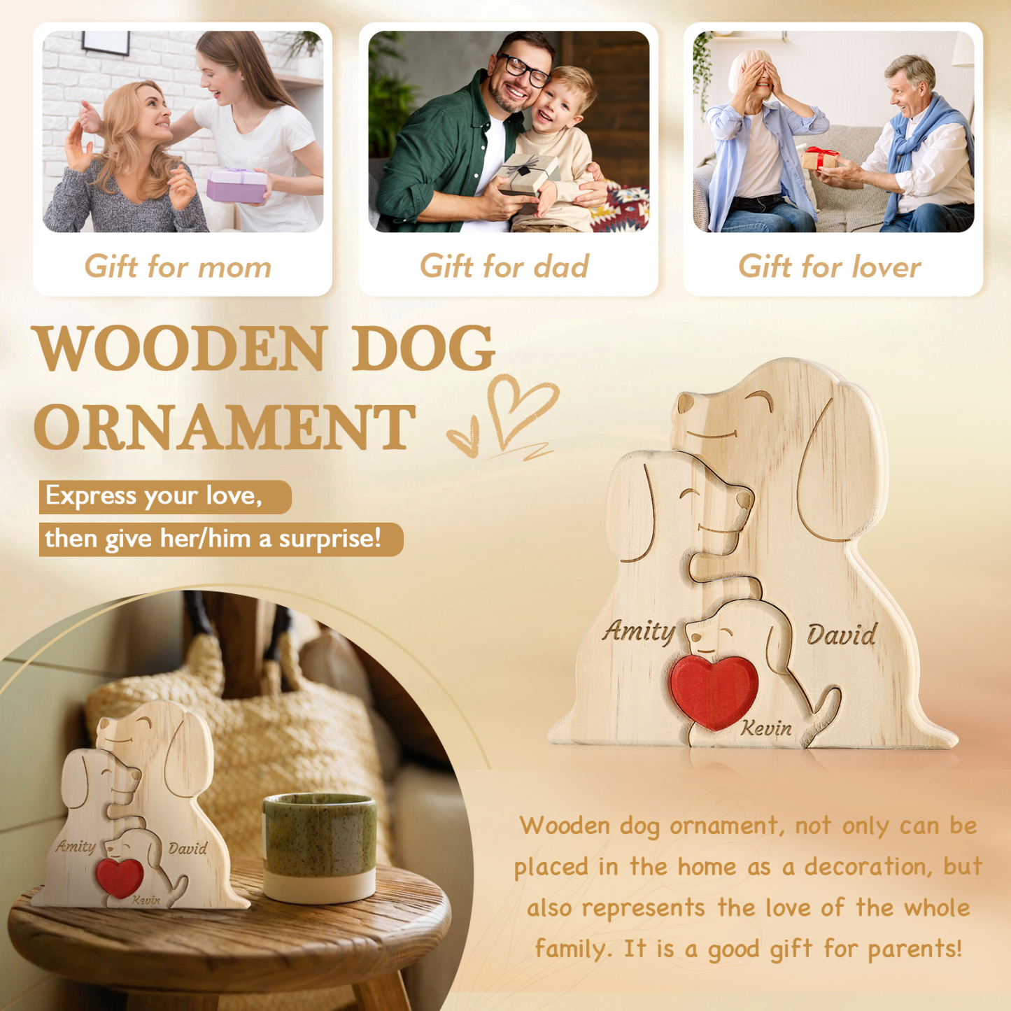 Plaque en bois Personnalisé avec 3 Prénoms et 3 Chiens Cadeau Décoration pour Famille | Jessemade