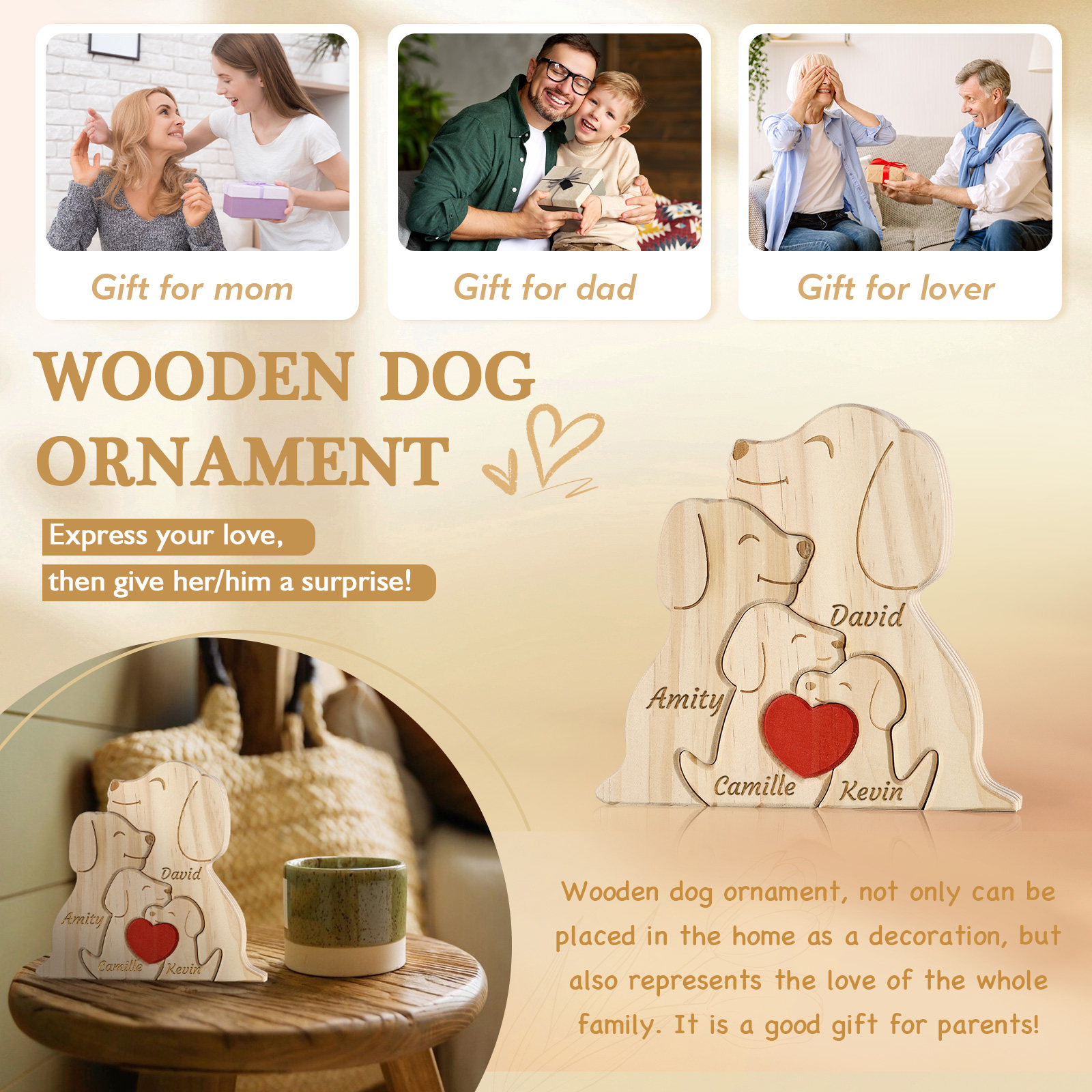 Plaque en bois Personnalisé avec 4 Prénoms et 4 Chiens Cadeau Décoration pour Famille | Jessemade