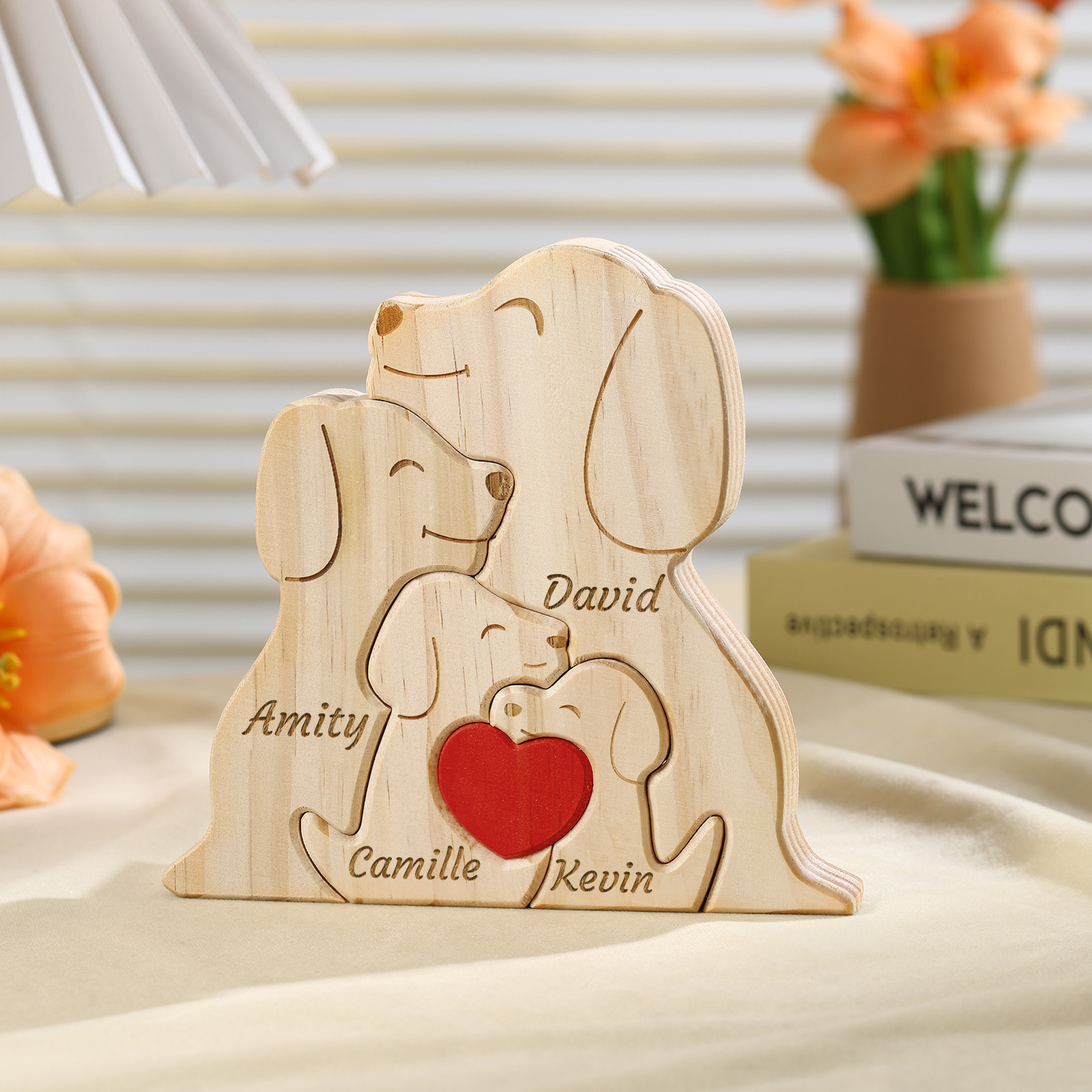 Plaque en bois Personnalisé avec 4 Prénoms et 4 Chiens Cadeau Décoration pour Famille | Jessemade