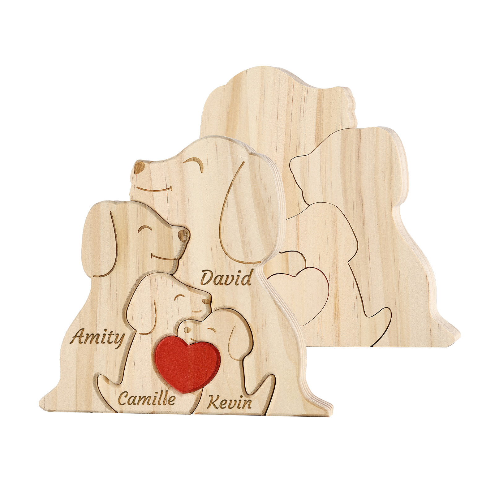 Décoration en Bois Personnalisée - Famille de Chiens avec Gravure de Prénoms | Jessemade