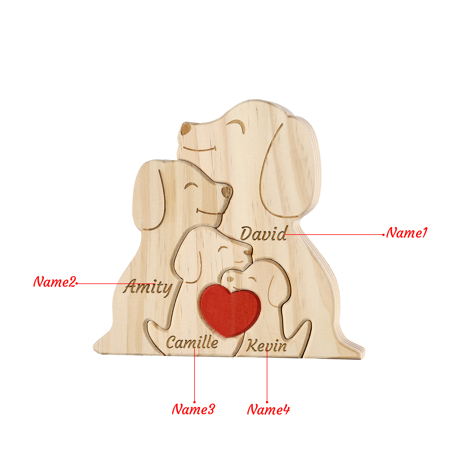 Plaque en bois Personnalisé avec 4 Prénoms et 4 Chiens Cadeau Décoration pour Famille | Jessemade