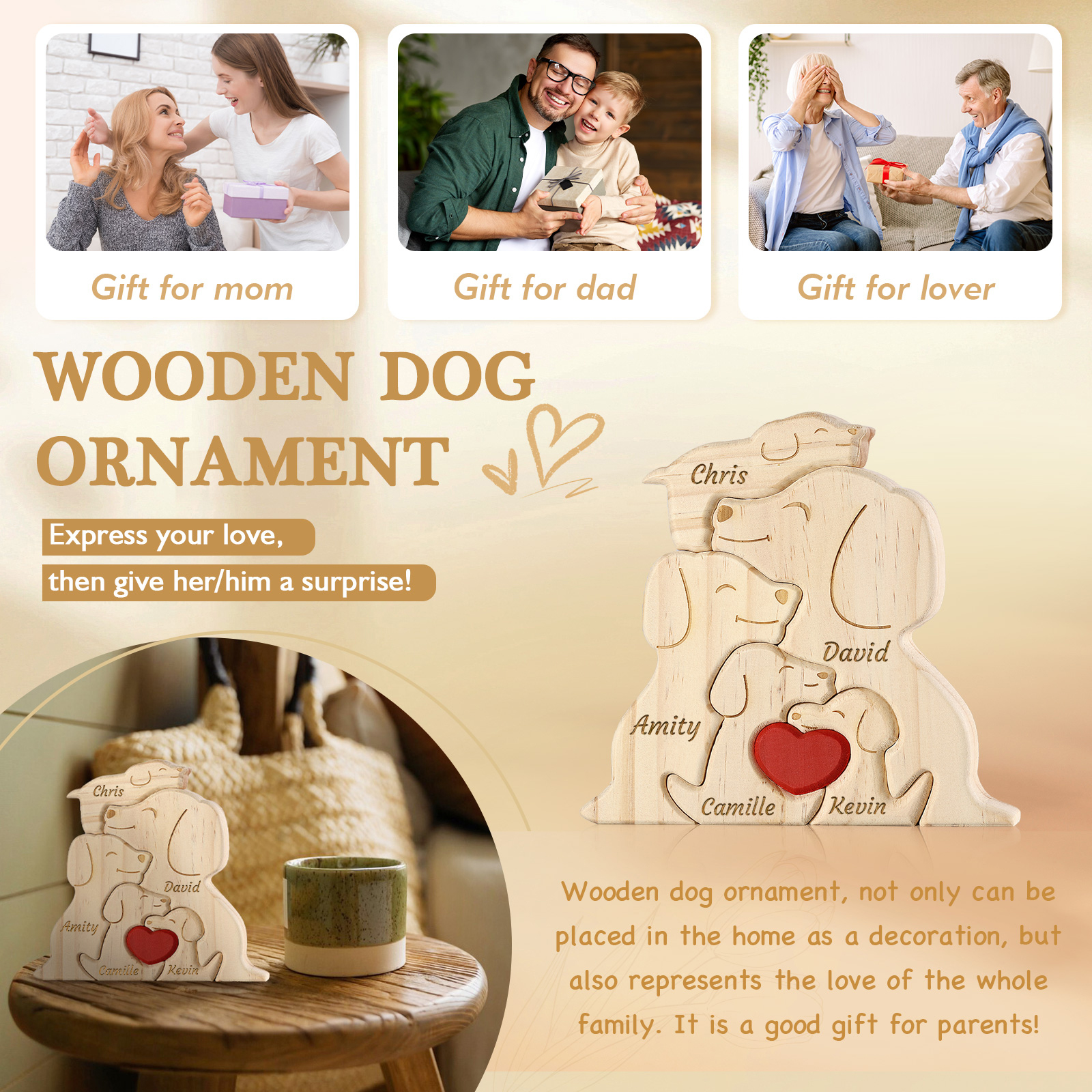 Plaque en bois Personnalisé avec 5 Prénoms et 5 Chiens Cadeau Décoration pour Famille | Jessemade