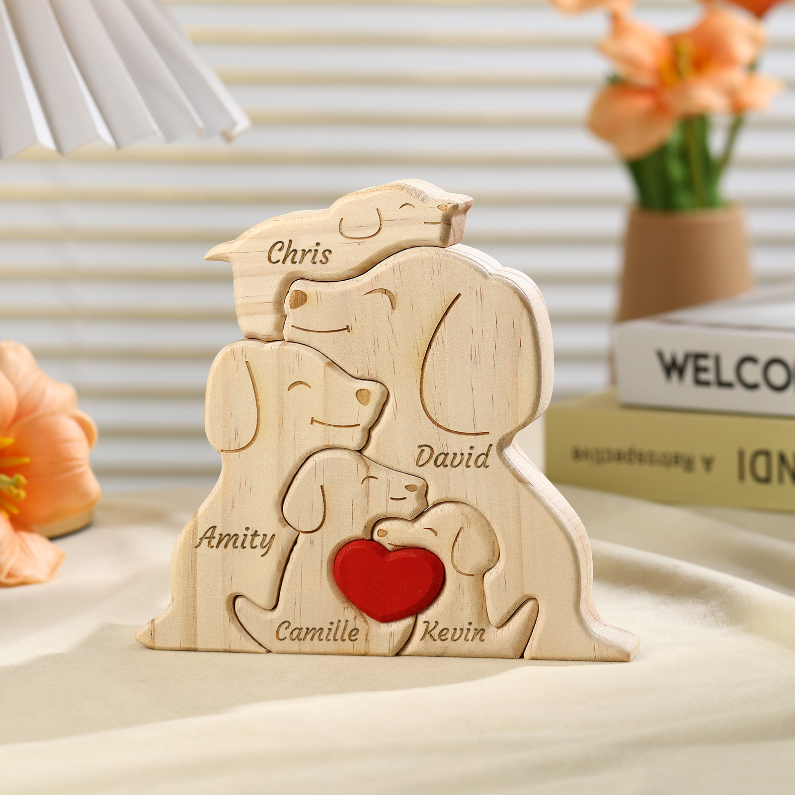 Plaque en bois Personnalisé avec 5 Prénoms et 5 Chiens Cadeau Décoration pour Famille | Jessemade