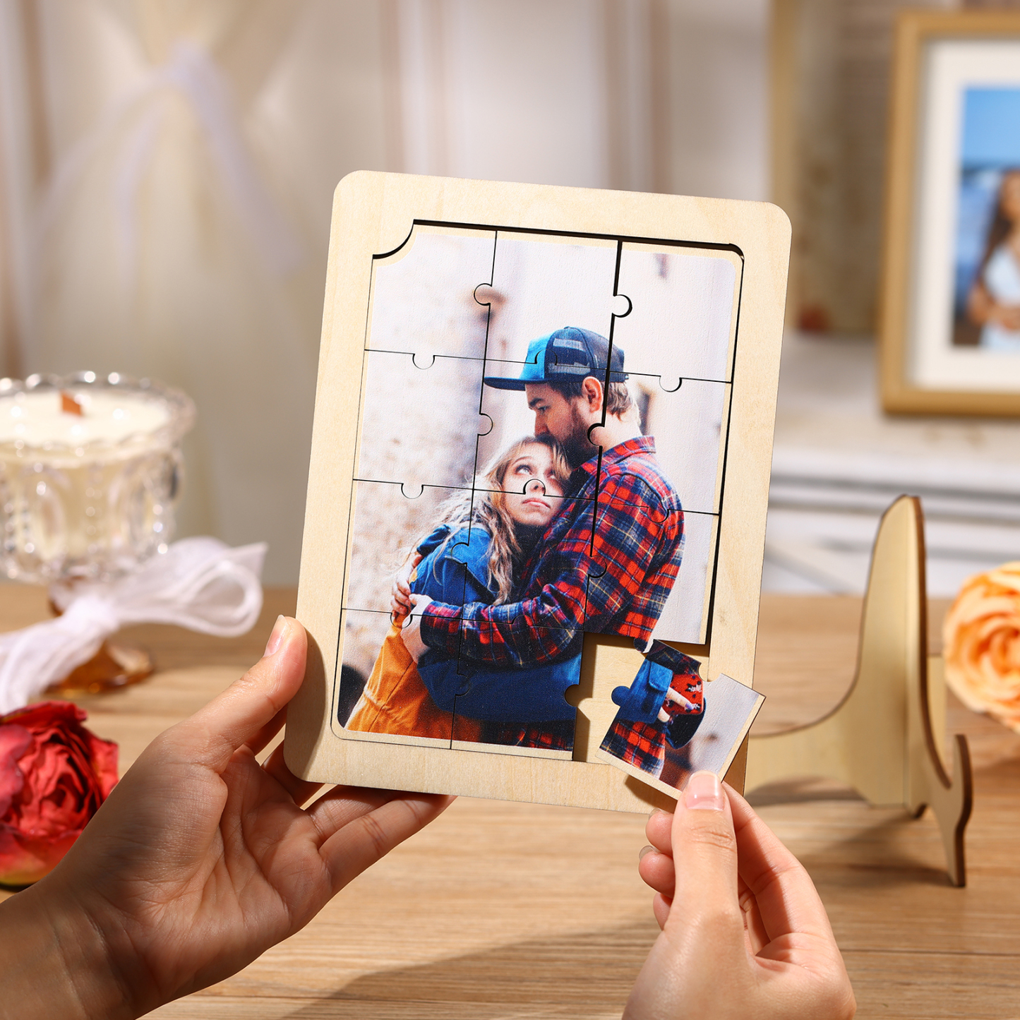 Décoration en Bois Pièce de Puzzle Photo Personnalisée Cadeau pour Couple | Jessemade