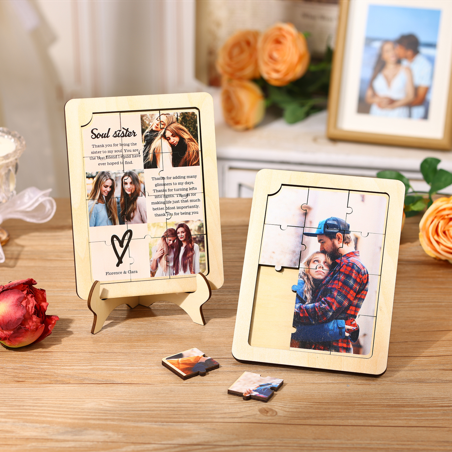 Décoration en Bois Pièce de Puzzle Photo Personnalisée Cadeau pour Couple | Jessemade