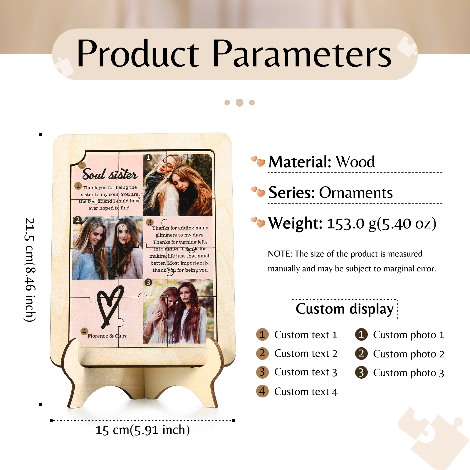 Décoration en Bois Pièce de Puzzle Personnalisé Avec 3 Photos et Textes Cadeau pour Vos Proches/Amis | Jessemade