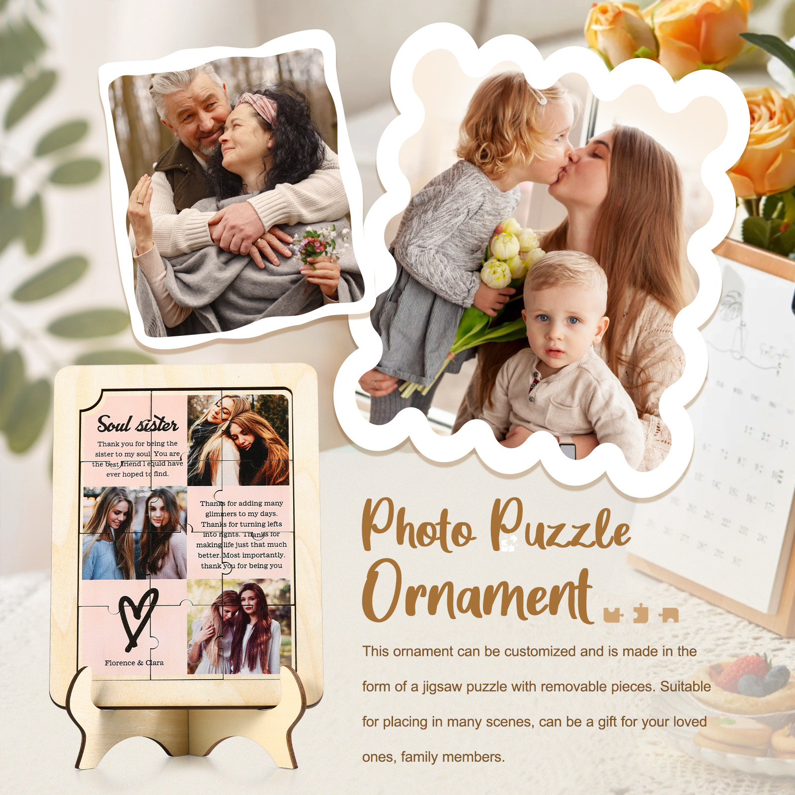 Décoration en Bois Pièce de Puzzle Personnalisé Avec 3 Photos et Textes Cadeau pour Vos Proches/Amis | Jessemade