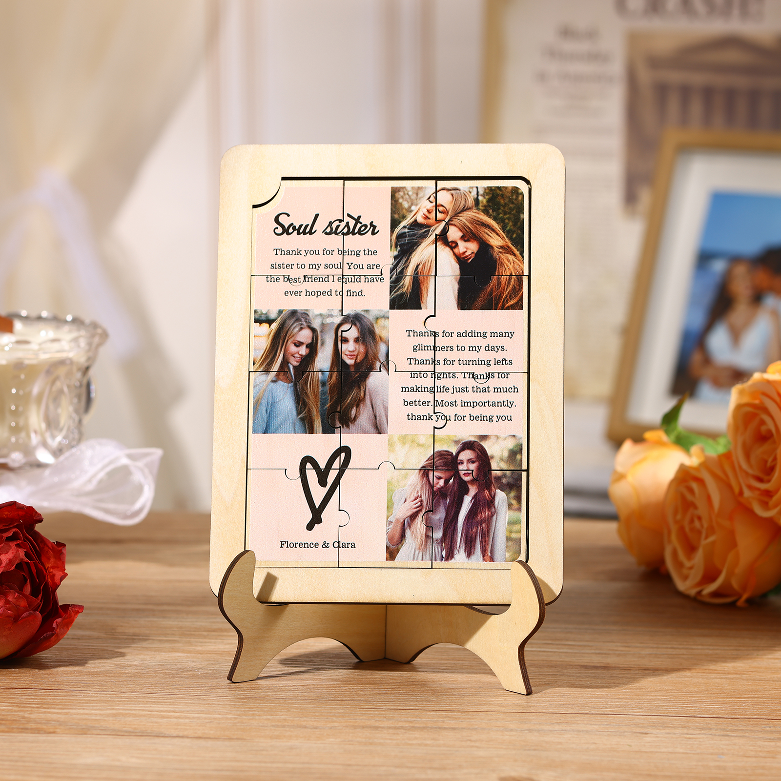 Décoration en Bois Pièce de Puzzle Personnalisé Avec 3 Photos et Textes Cadeau pour Vos Proches/Amis | Jessemade