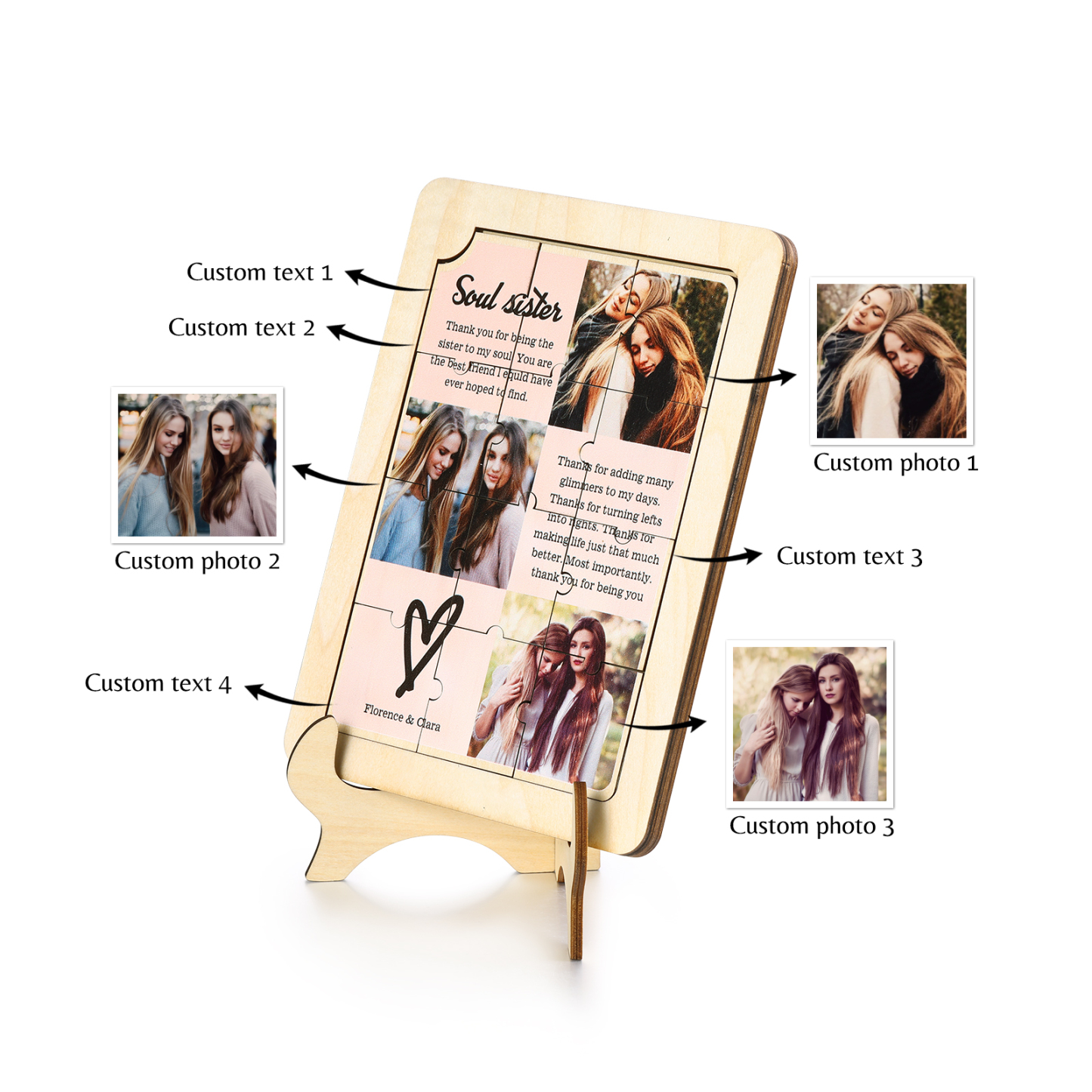 Décoration en Bois Pièce de Puzzle Personnalisé Avec 3 Photos et Textes Cadeau pour Vos Proches/Amis | Jessemade