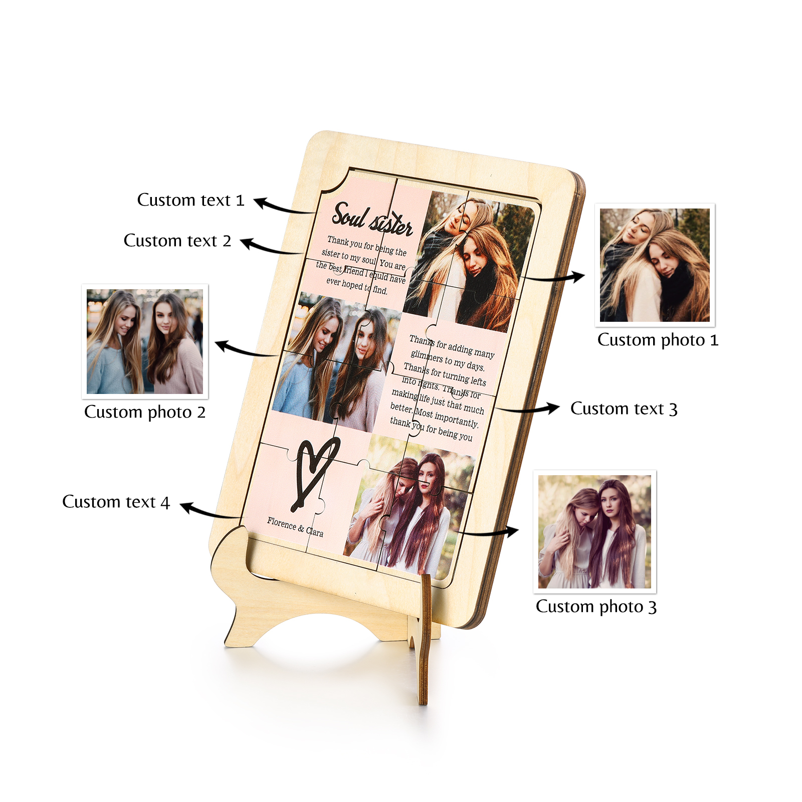 Décoration en Bois Pièce de Puzzle Personnalisé Avec 3 Photos et Textes Cadeau pour Vos Proches/Amis | Jessemade