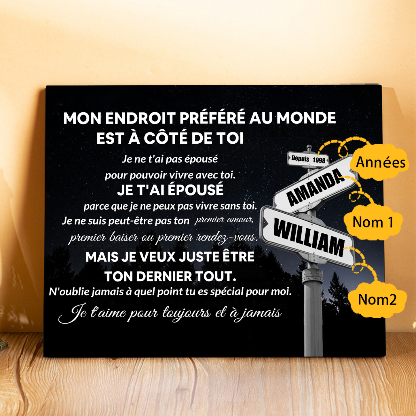 Cadre en bois personnalisé avec 2 Prénoms et Année Déco de maison pour Couple | Jessemade