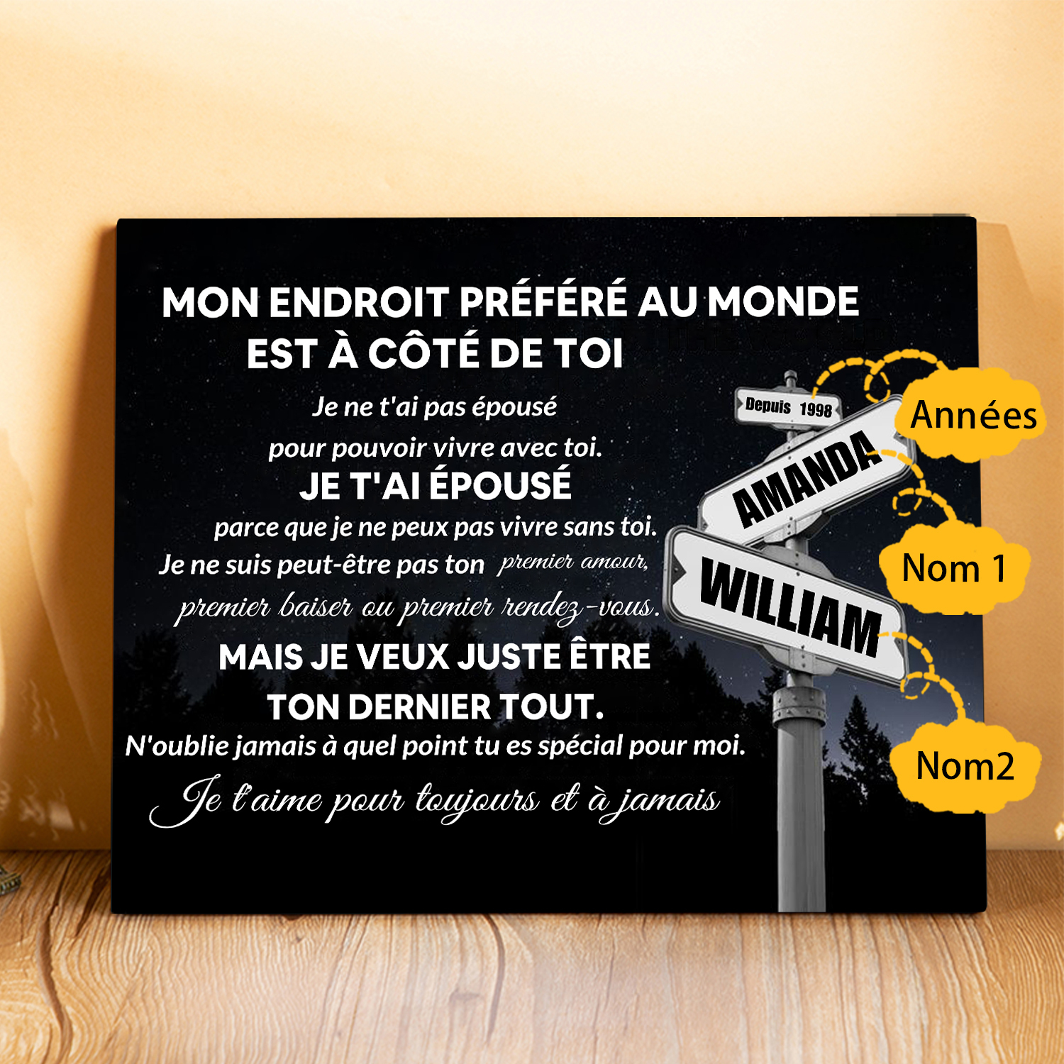 Cadre en bois personnalisé avec 2 Prénoms et Année Déco de maison pour Couple | Jessemade