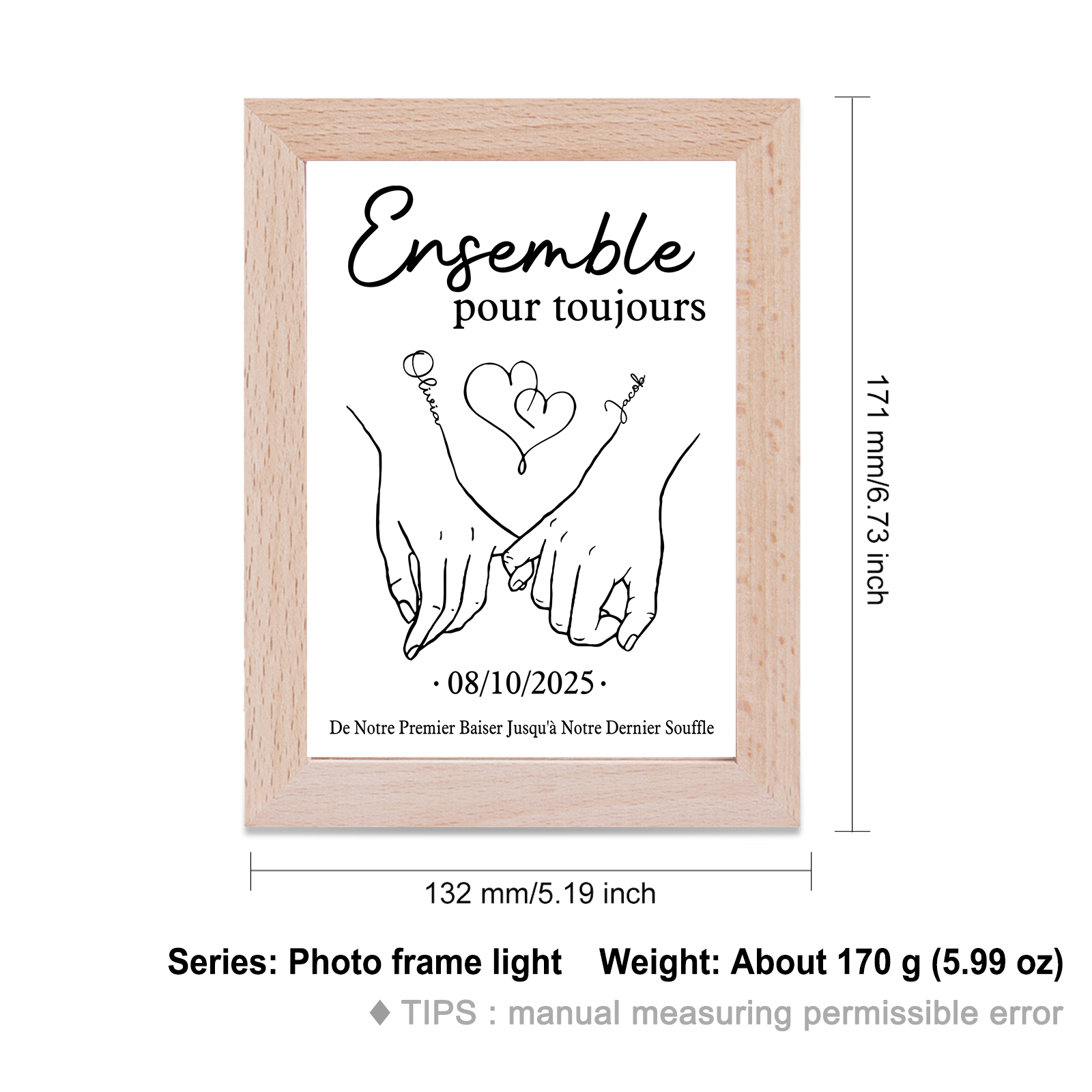 Cadre en bois personnalisé avec 2 Prénoms et 1 Date Cadre Photo pour Couple | Jessemade