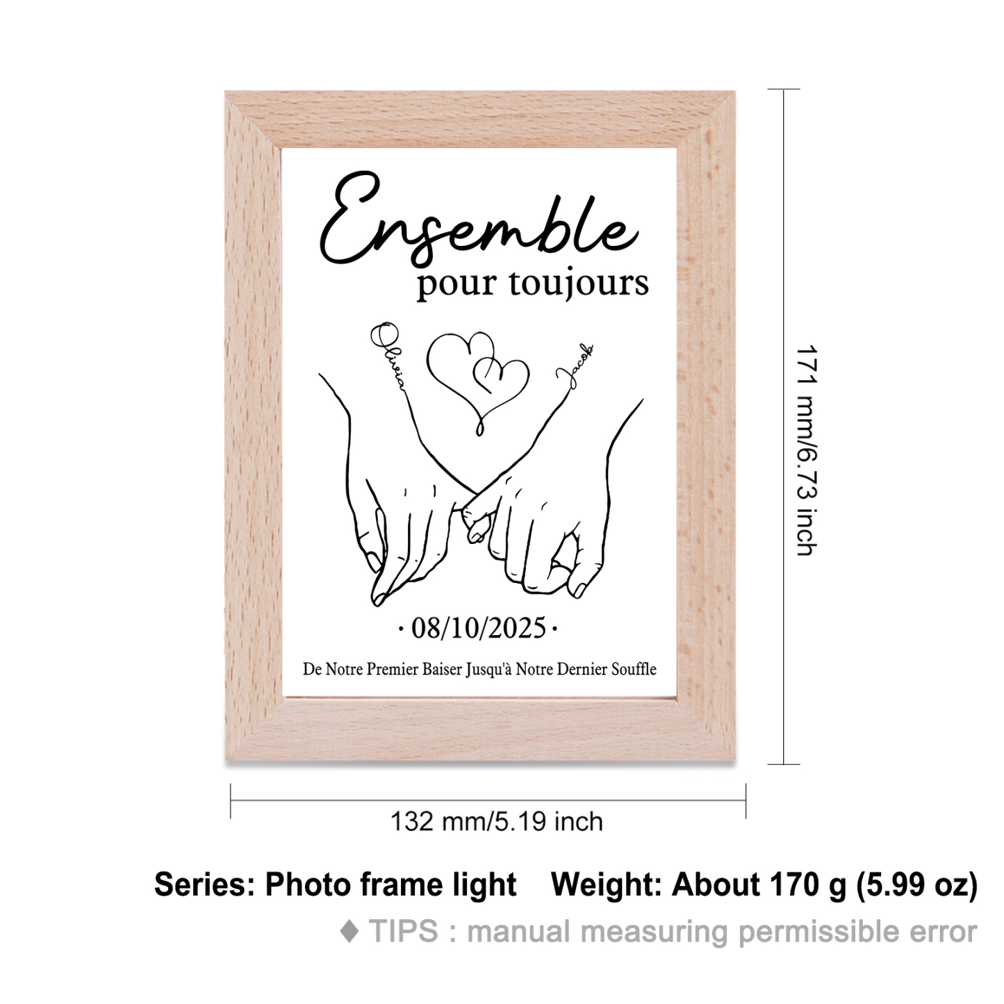 Cadre en bois personnalisé avec 2 Prénoms et 1 Date Cadre Photo pour Couple | Jessemade