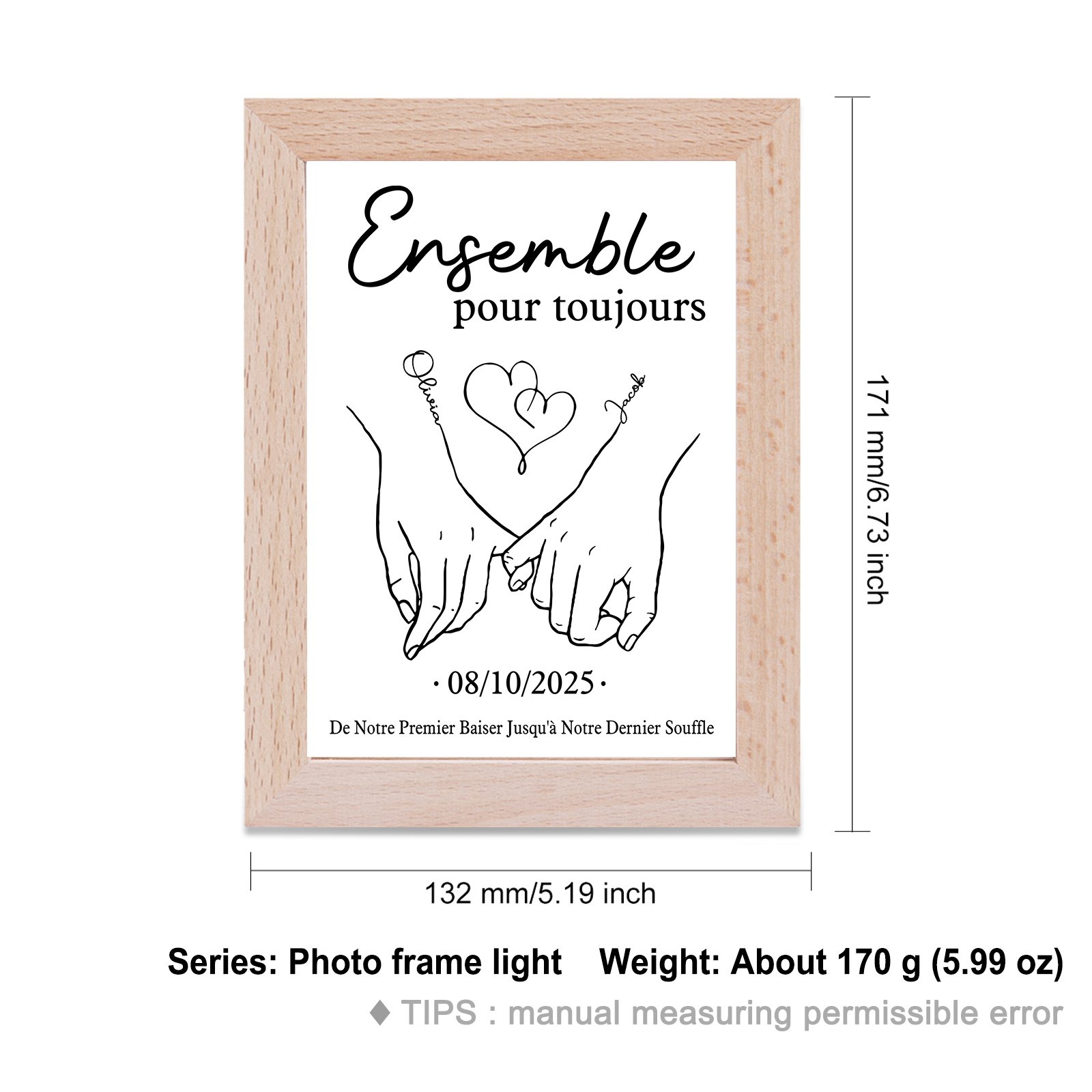Cadre en bois personnalisé avec 2 Prénoms et 1 Date Cadre Photo pour Couple | Jessemade