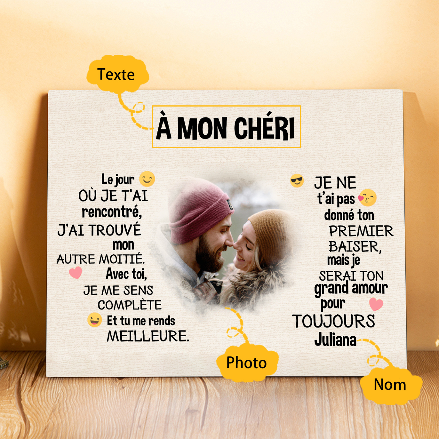 Cadre en bois personnalisé avec Prénom Texte et Photo Déco de maison pour Couple | Jessemade