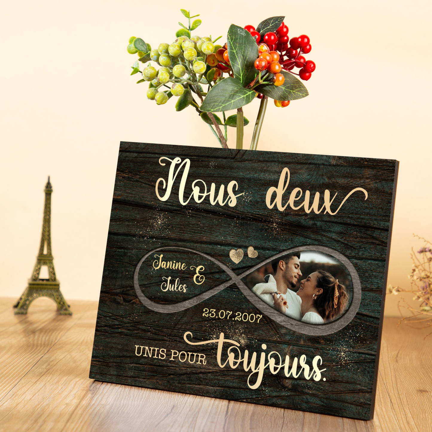Cadre en bois Photo Personnalisée avec 2 Prénoms et Date Déco de maison pour Couple | Jessemade