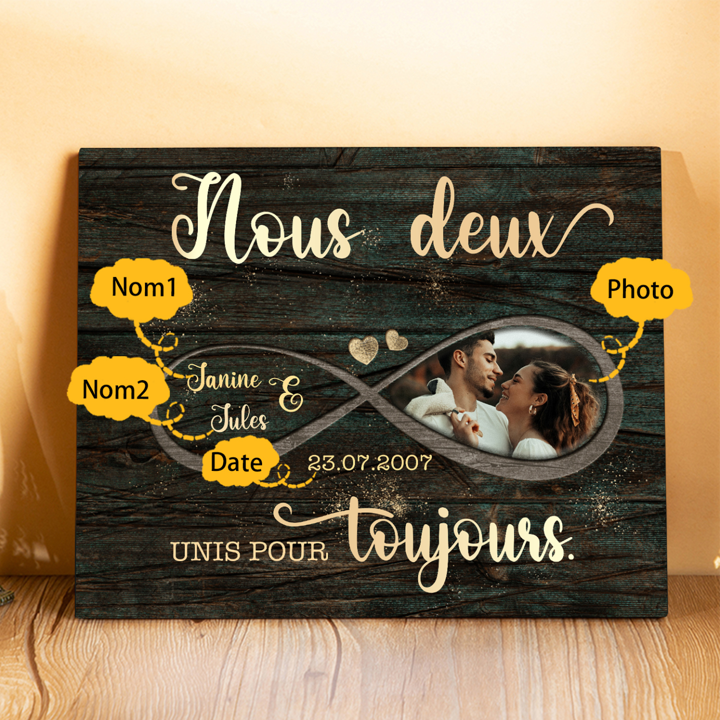 Cadre en bois Photo Personnalisée avec 2 Prénoms et Date Déco de maison pour Couple | Jessemade