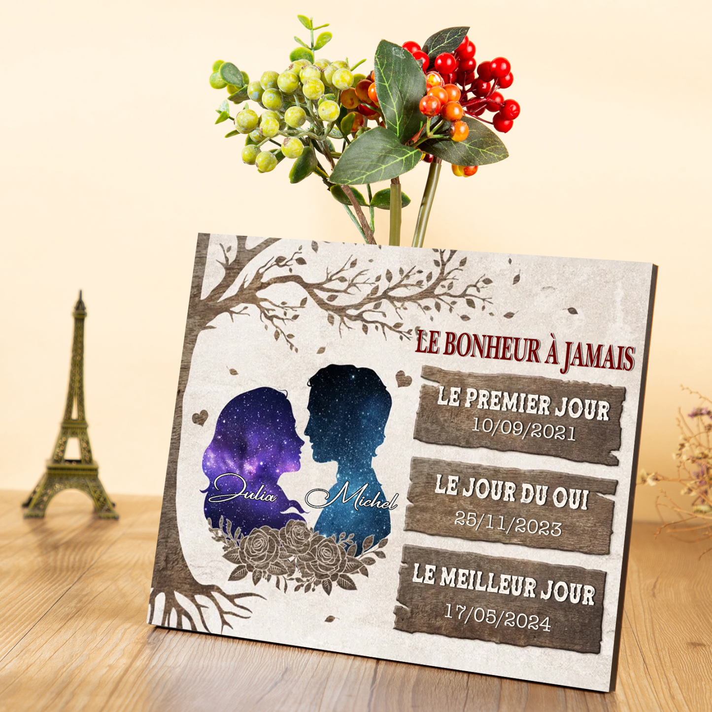 Cadre en bois Personnalisé avec 2 Prénoms et 3 Dates Déco de maison pour Couple | Jessemade
