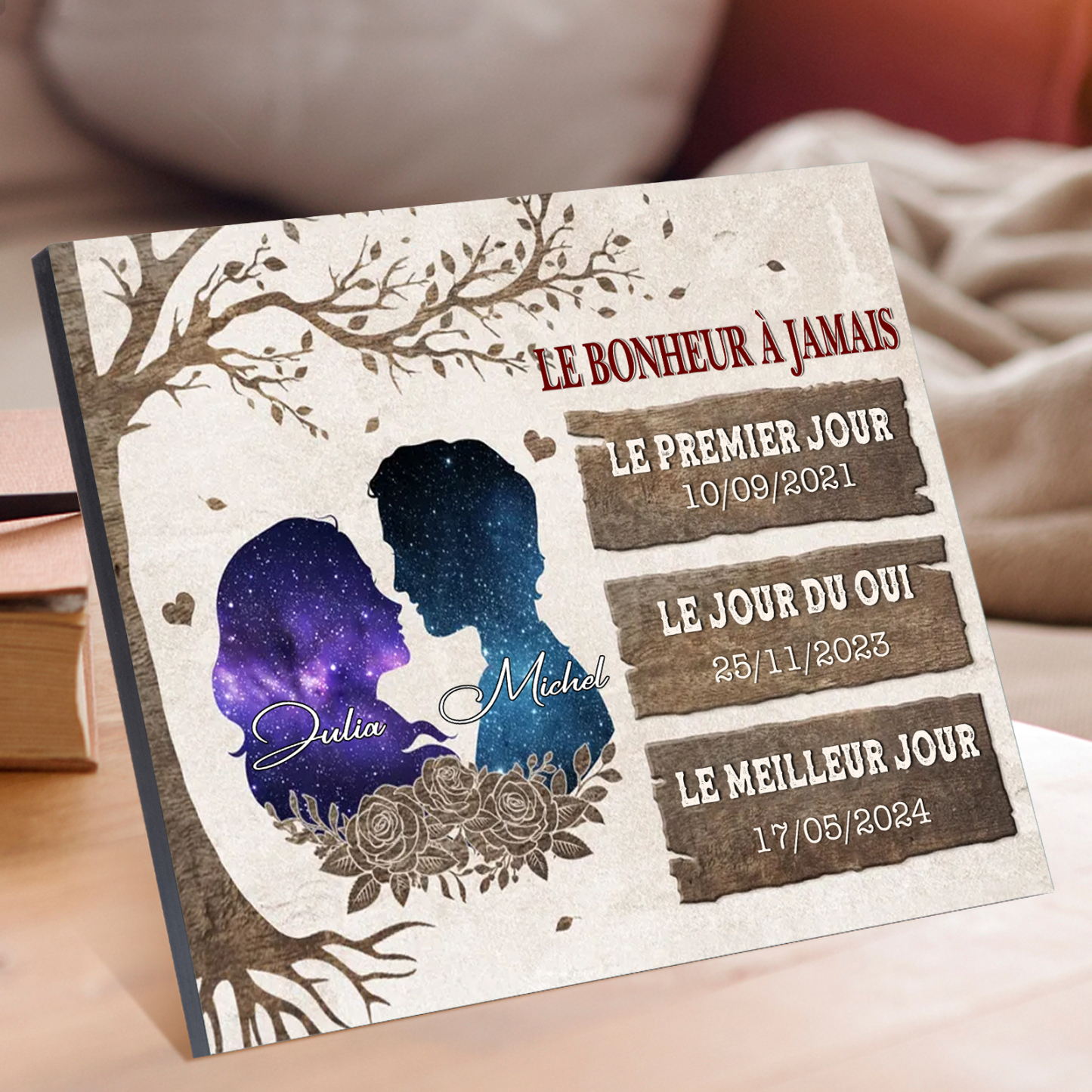 Cadre en bois Personnalisé avec 2 Prénoms et 3 Dates Déco de maison pour Couple | Jessemade