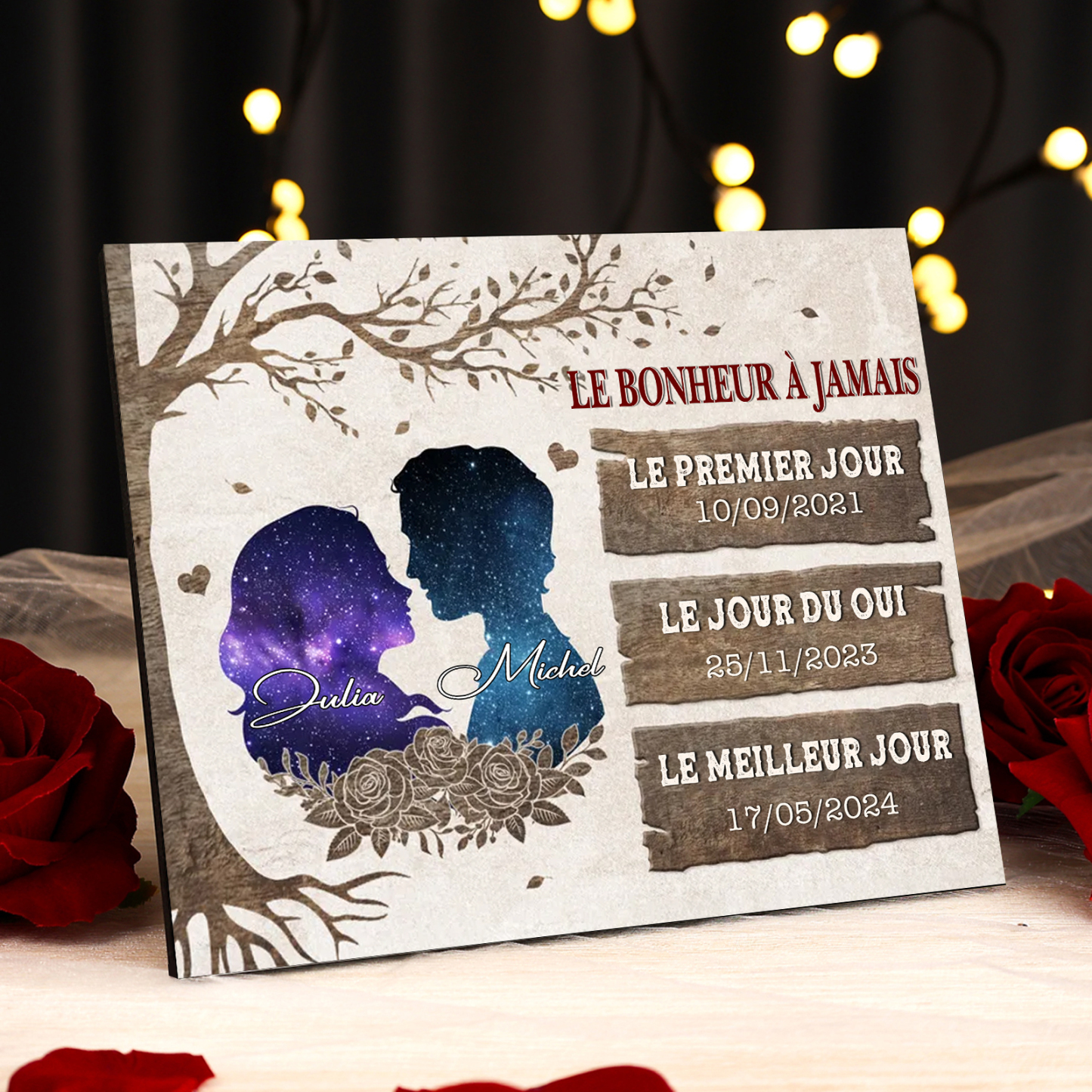 Cadre en bois Personnalisé avec 2 Prénoms et 3 Dates Déco de maison pour Couple | Jessemade