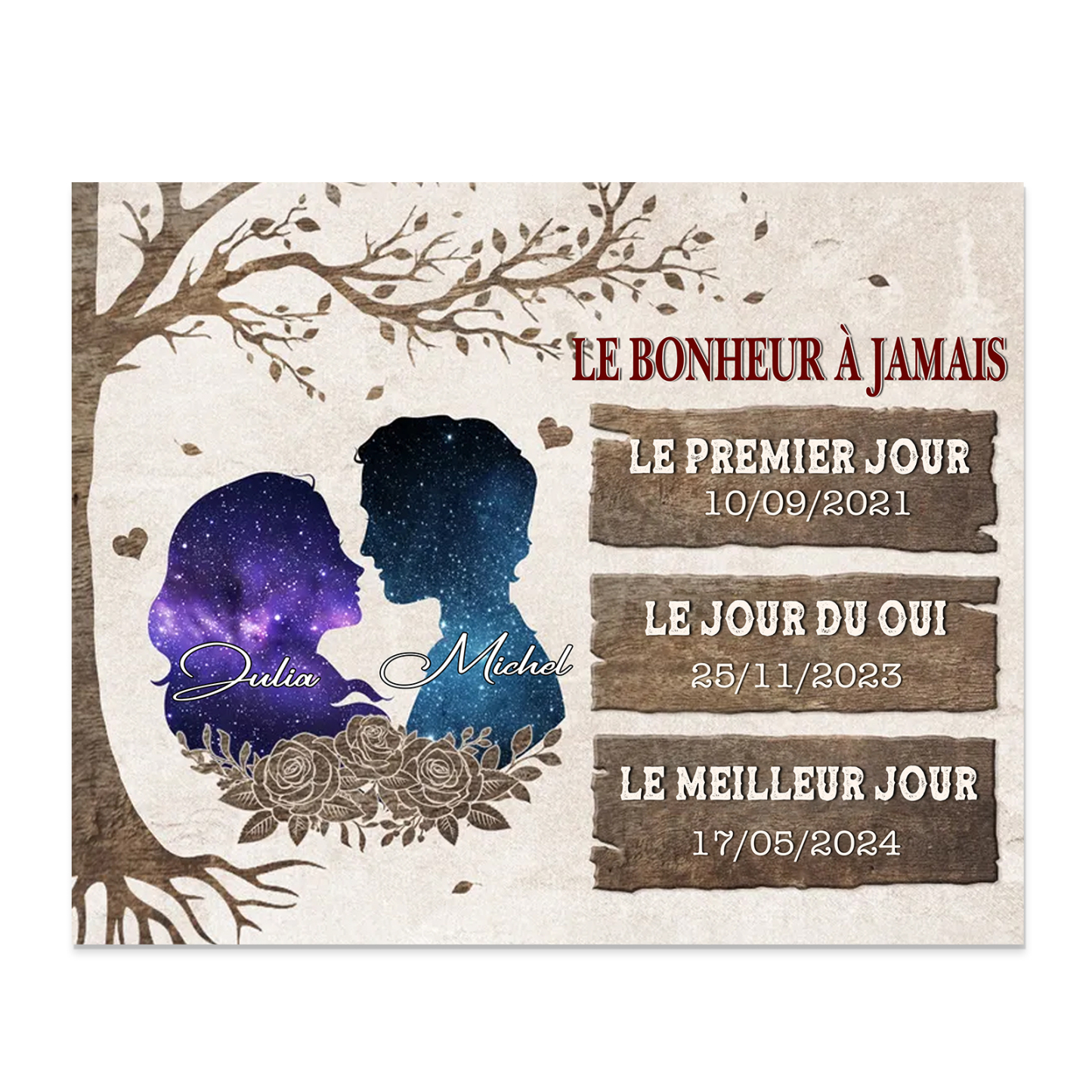 Cadre en bois Personnalisé avec 2 Prénoms et 3 Dates Déco de maison pour Couple | Jessemade