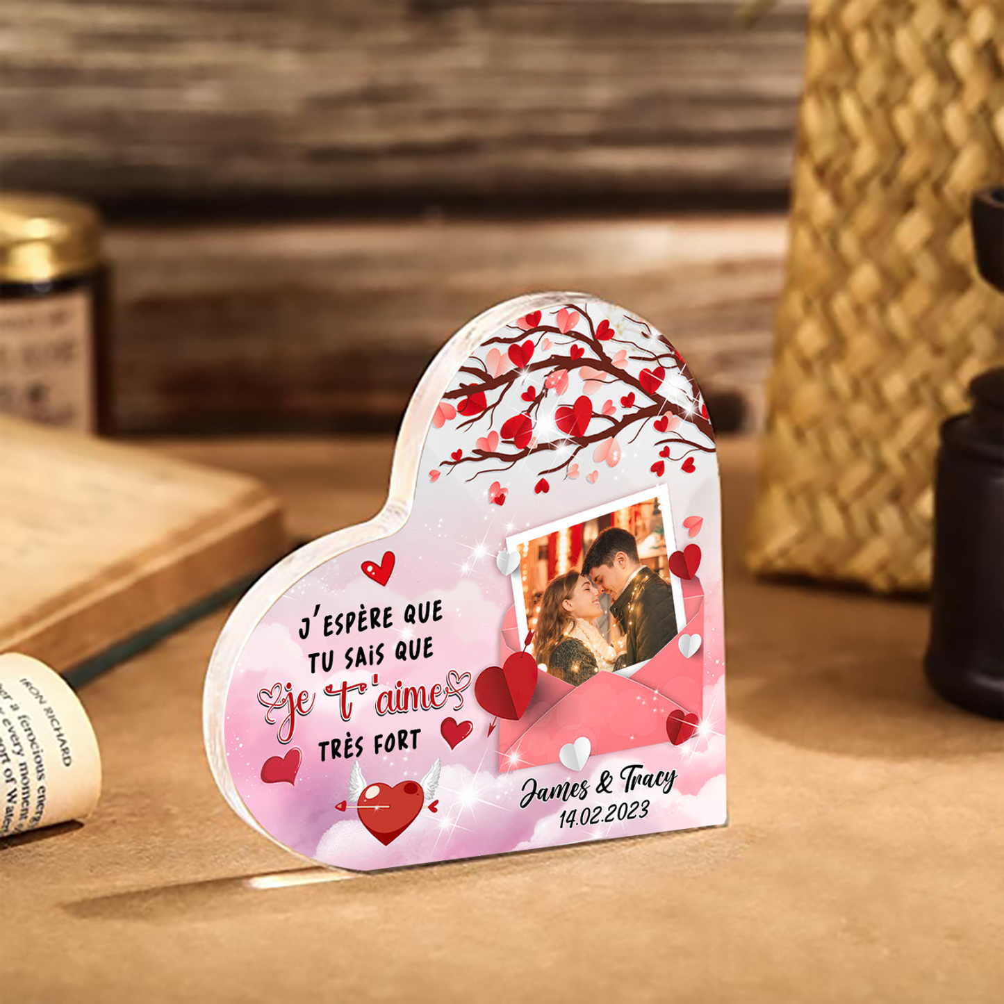 Plaque Acrylique en forme Cœur Personnalisé avec Photo 2 Prénoms et Date Cadeau pour Couple | Jessemade