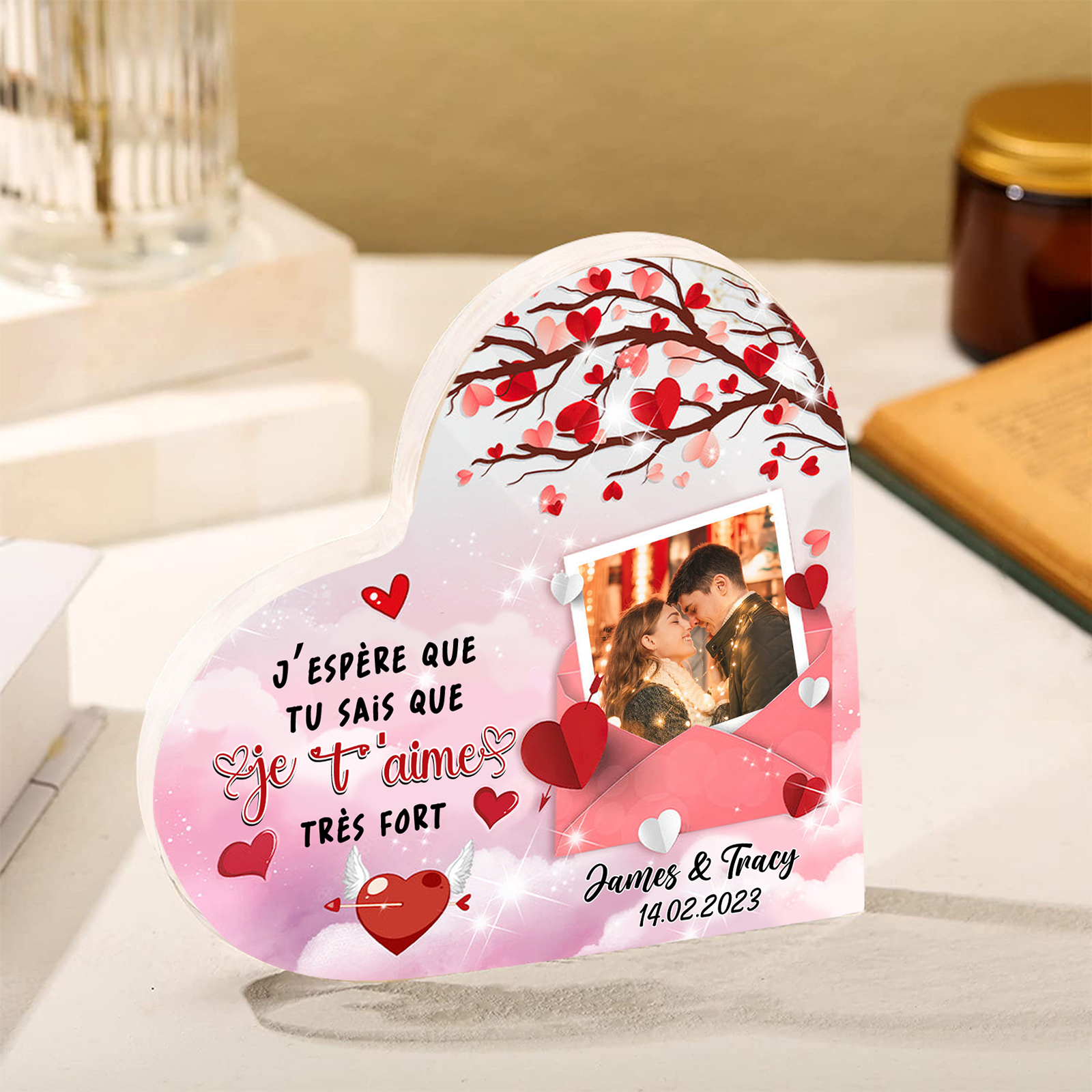 Plaque Acrylique en forme Cœur Personnalisé avec Photo 2 Prénoms et Date Cadeau pour Couple | Jessemade