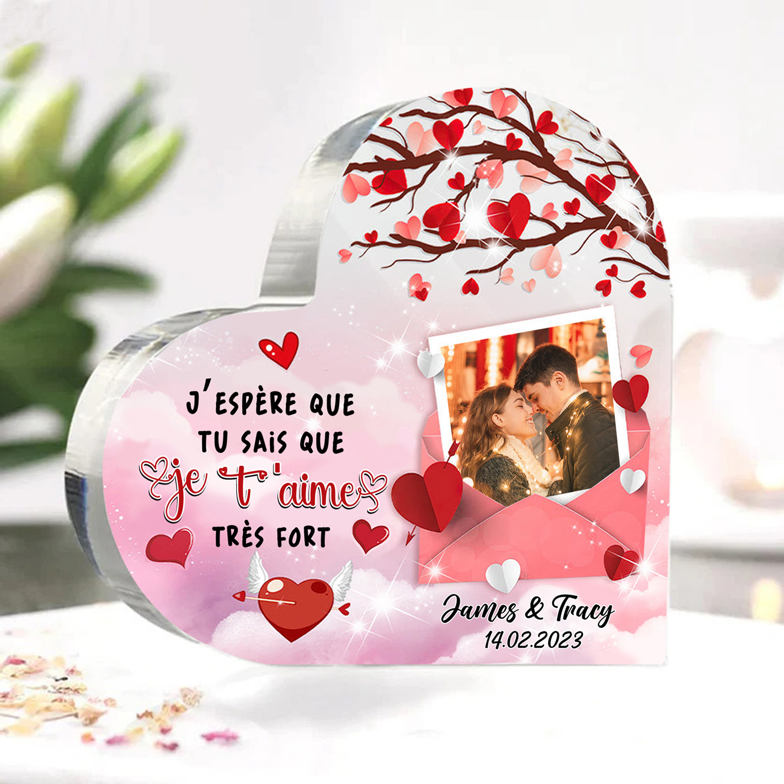 Plaque Acrylique en forme Cœur Personnalisé avec Photo 2 Prénoms et Date Cadeau pour Couple | Jessemade