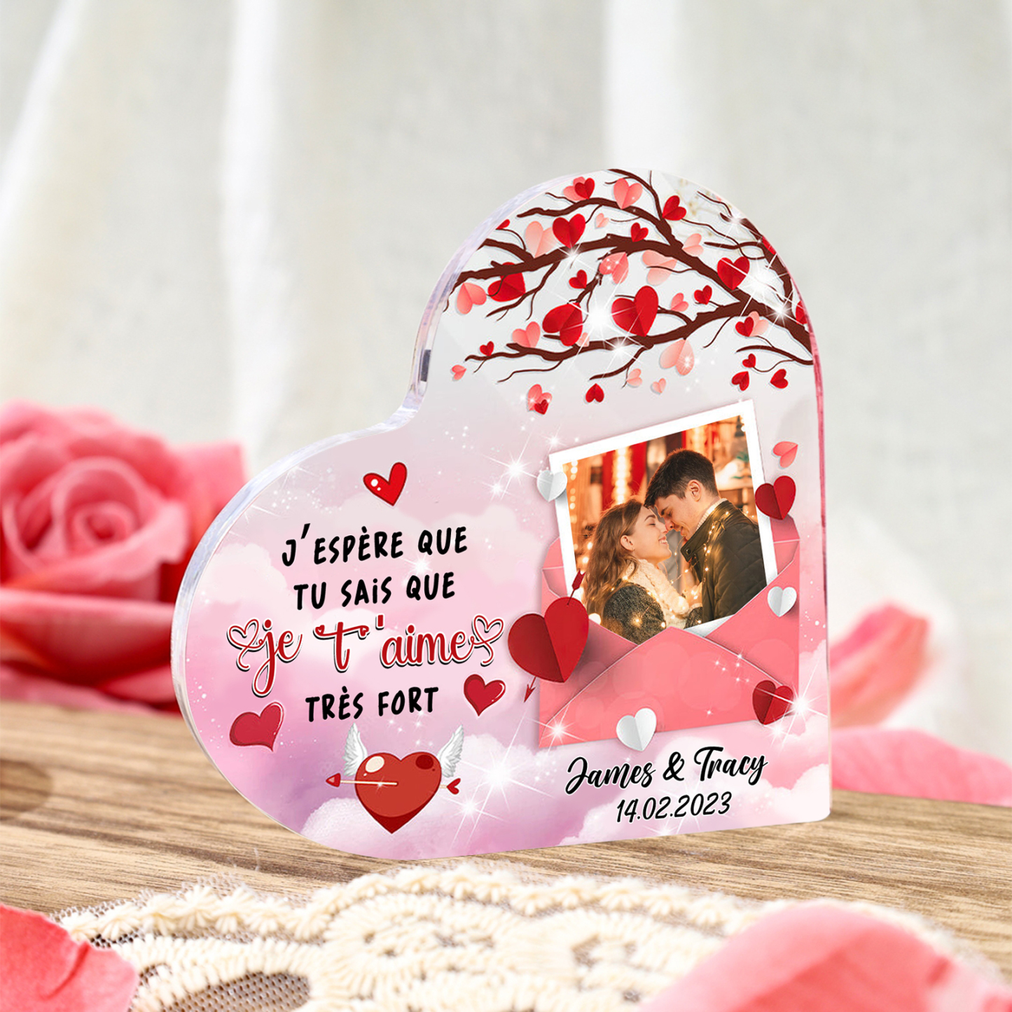 Plaque Acrylique en forme Cœur Personnalisé avec Photo 2 Prénoms et Date Cadeau pour Couple | Jessemade