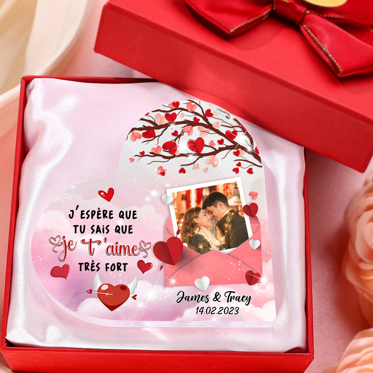Plaque Acrylique en forme Cœur Personnalisé avec Photo 2 Prénoms et Date Cadeau pour Couple | Jessemade