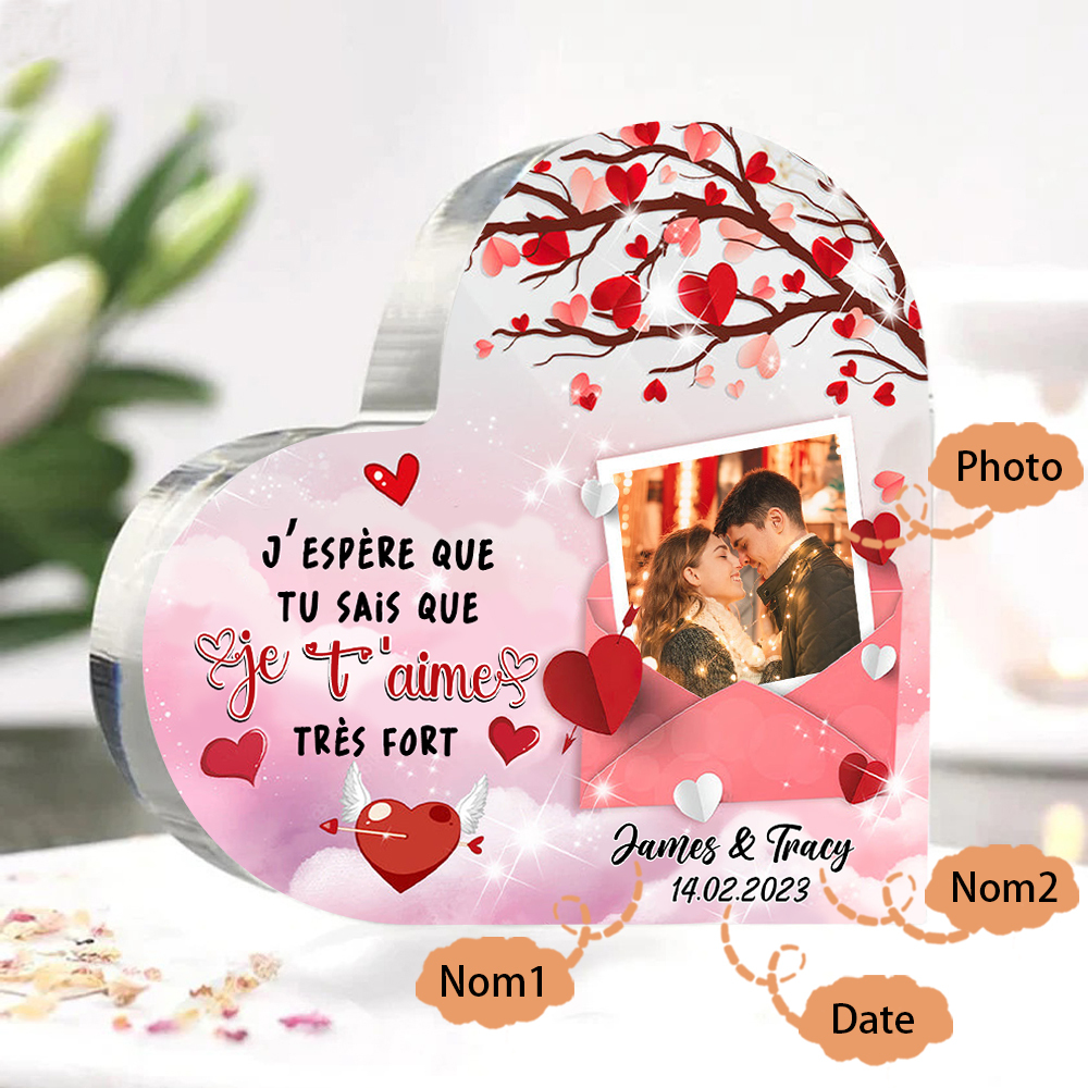 Plaque Acrylique en forme Cœur Personnalisé avec Photo 2 Prénoms et Date Cadeau pour Couple | Jessemade