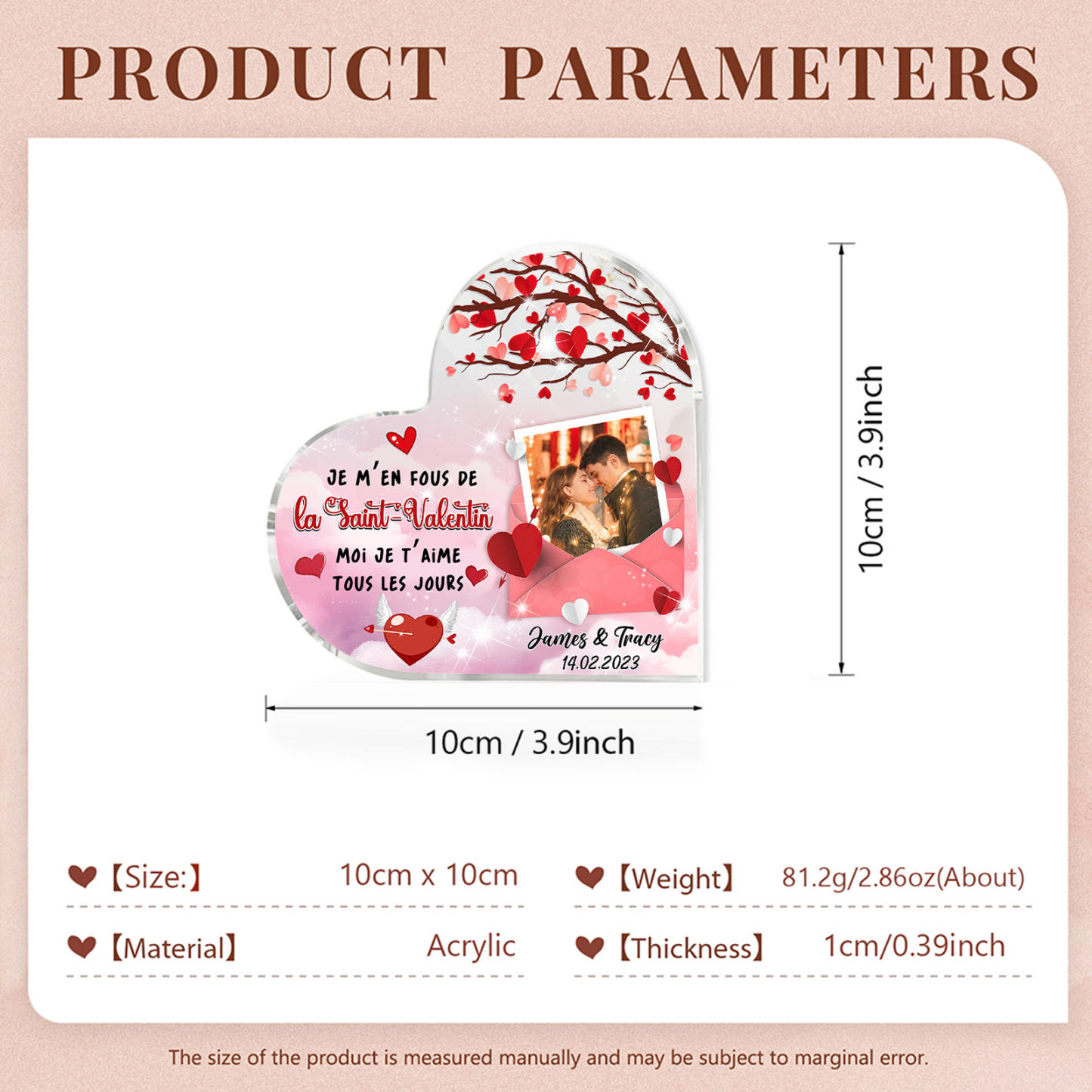 Plaque Acrylique Cœur Personnalisé  avec 2 Prénoms 1 Photo et Date Cadeau pour Couple | Jessemade