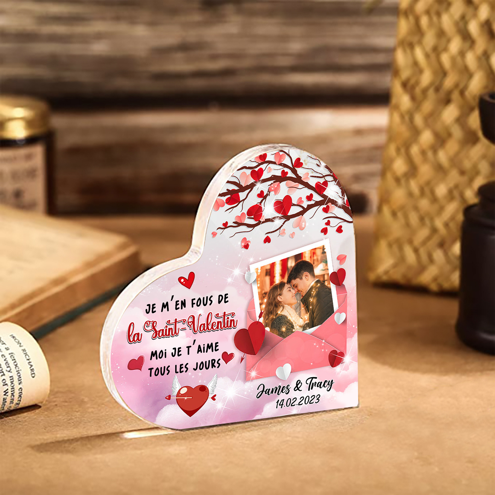 Plaque Acrylique Cœur Personnalisé  avec 2 Prénoms 1 Photo et Date Cadeau pour Couple | Jessemade