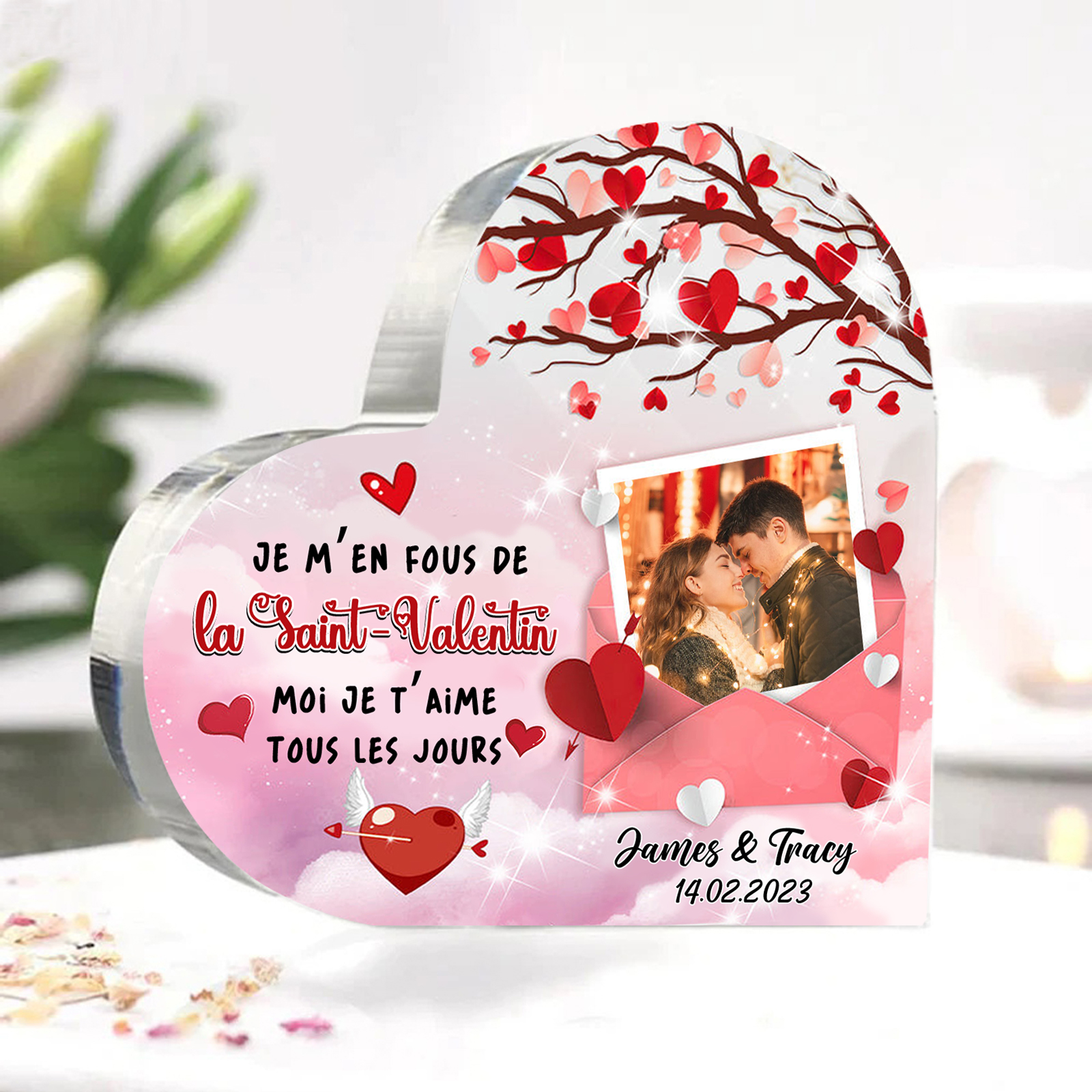 Plaque Acrylique Cœur Personnalisé  avec 2 Prénoms 1 Photo et Date Cadeau pour Couple | Jessemade