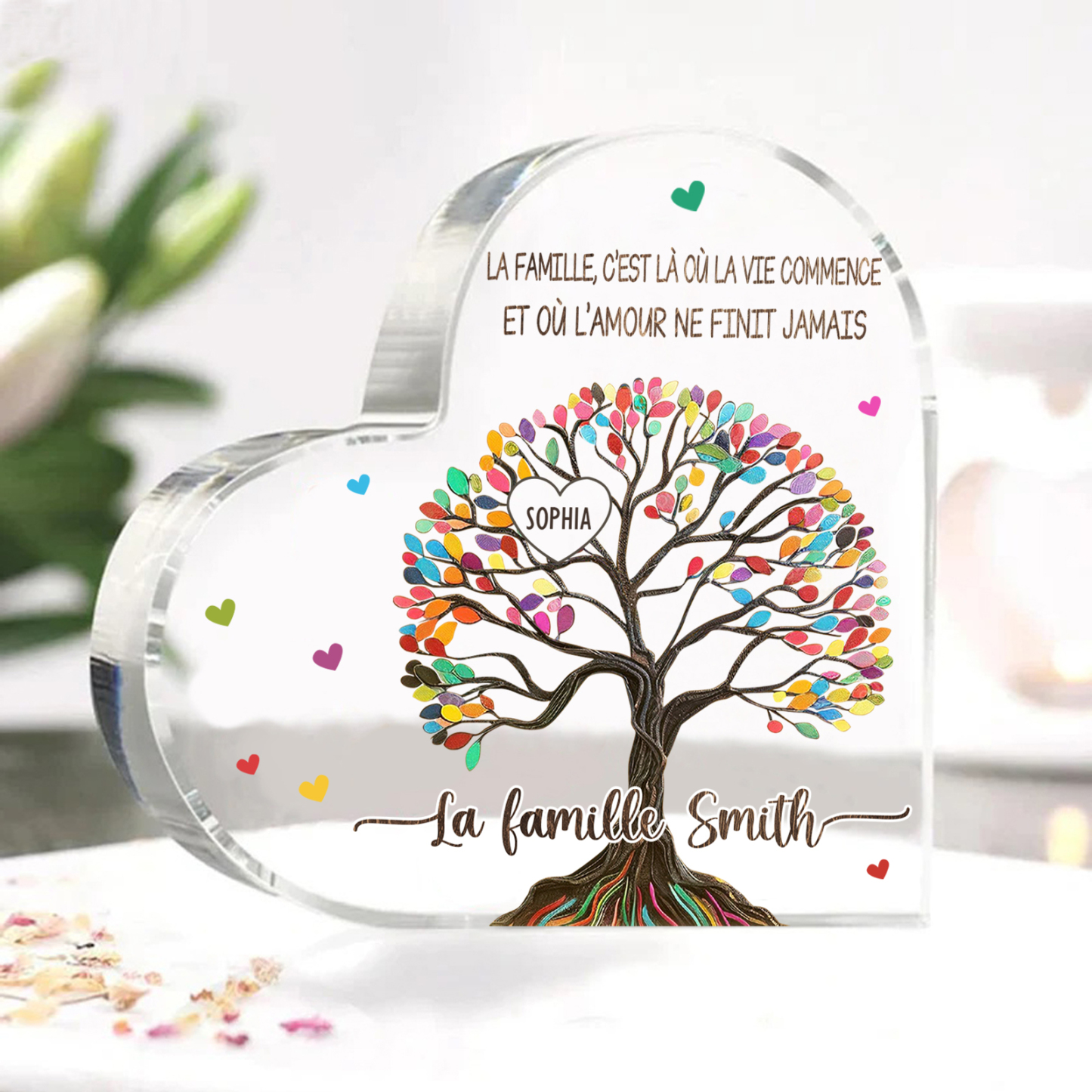 Plaque Acrylique Personnalisé avec 1 Prénom et Textes Plaque Coeur Arbre de Vie Cadeau Famille | Jessemade