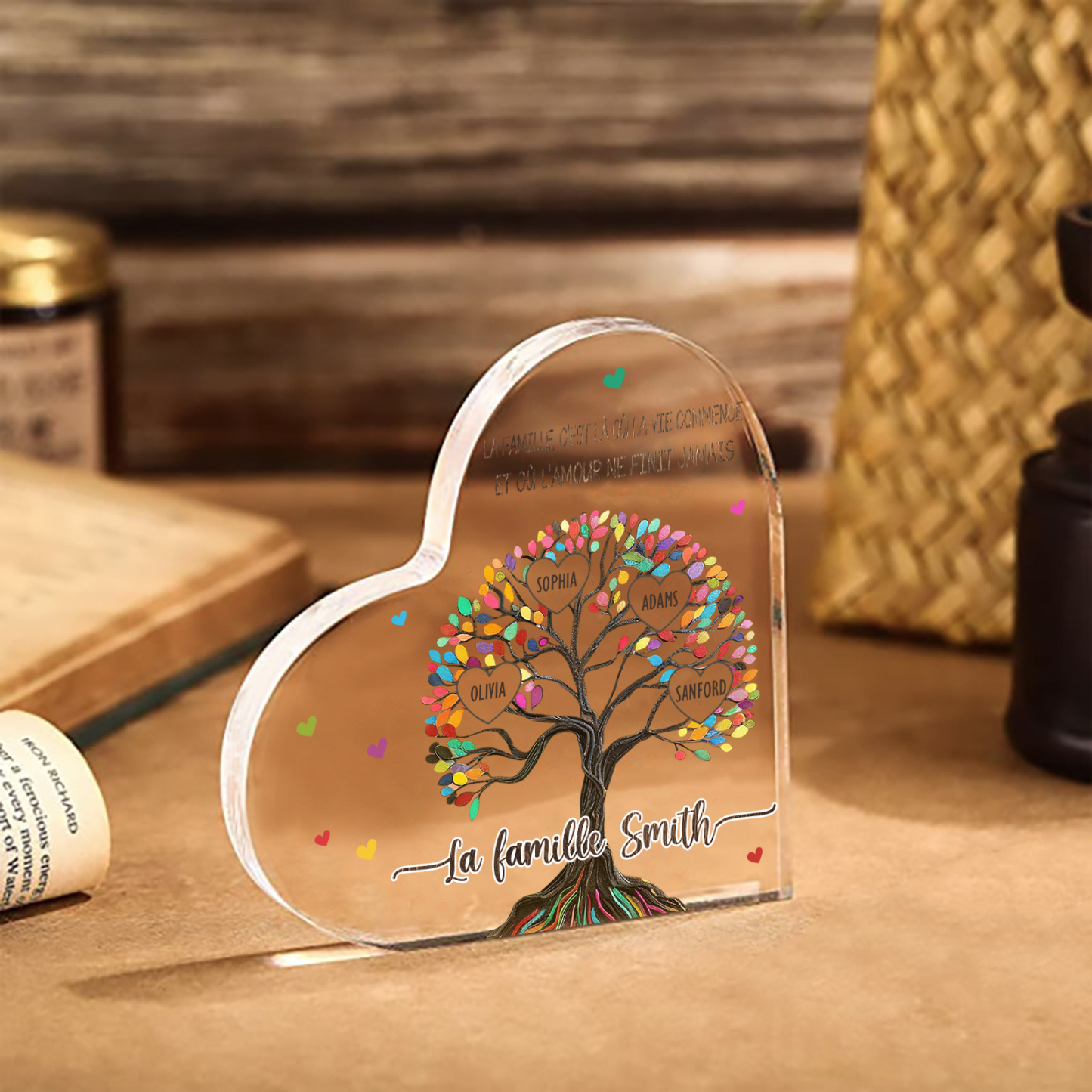 Plaque Acrylique Personnalisé avec 4 PrénomS et Textes Plaque Coeur Arbre de Vie Cadeau Famille | Jessemade